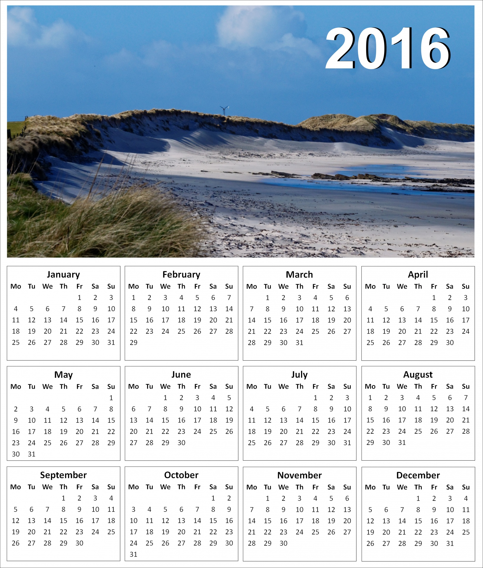 2016 Wall Calendar with a Sand Dunes Image