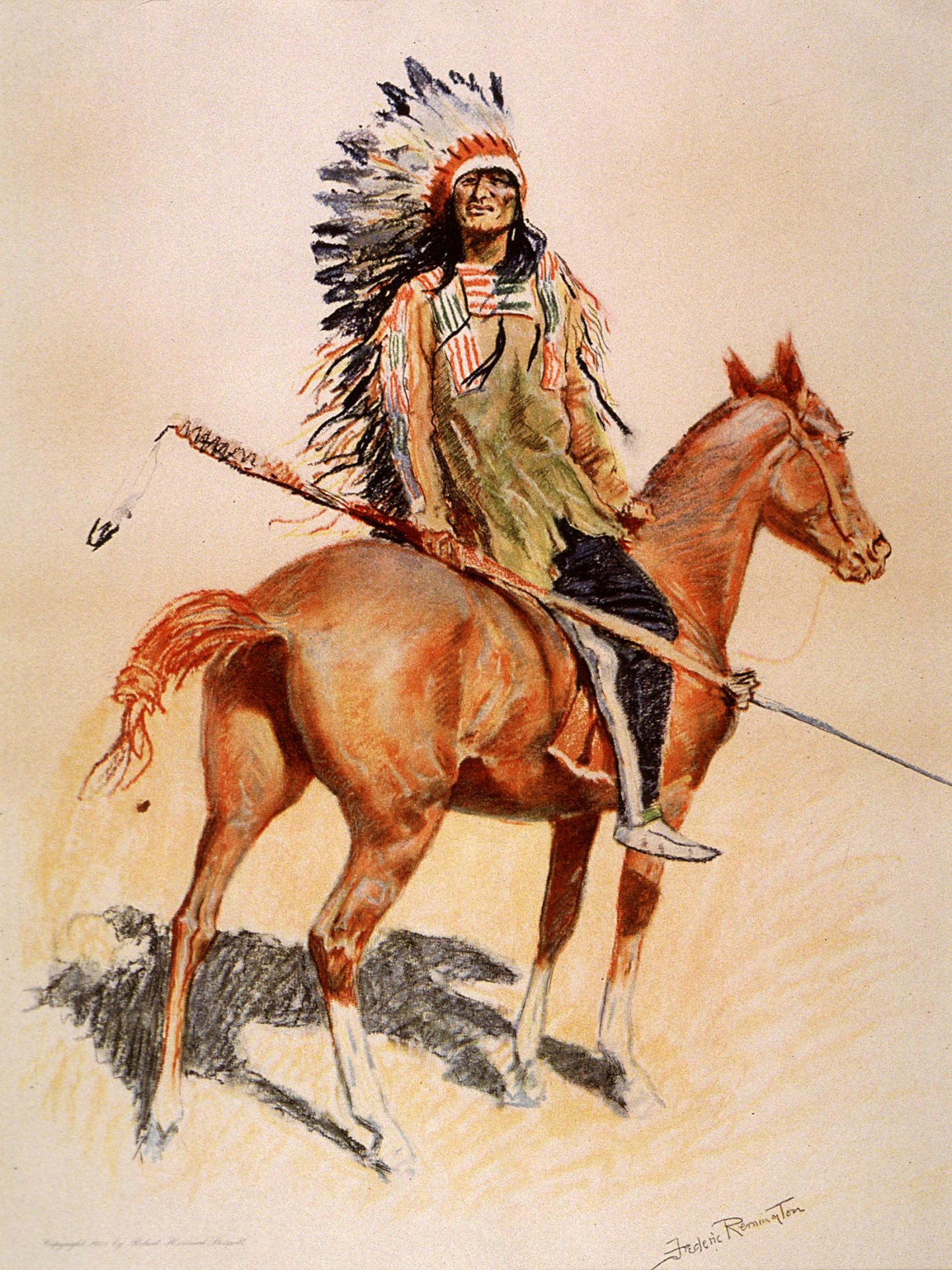 A handsome Native American Sioux chief, mounted on a horse