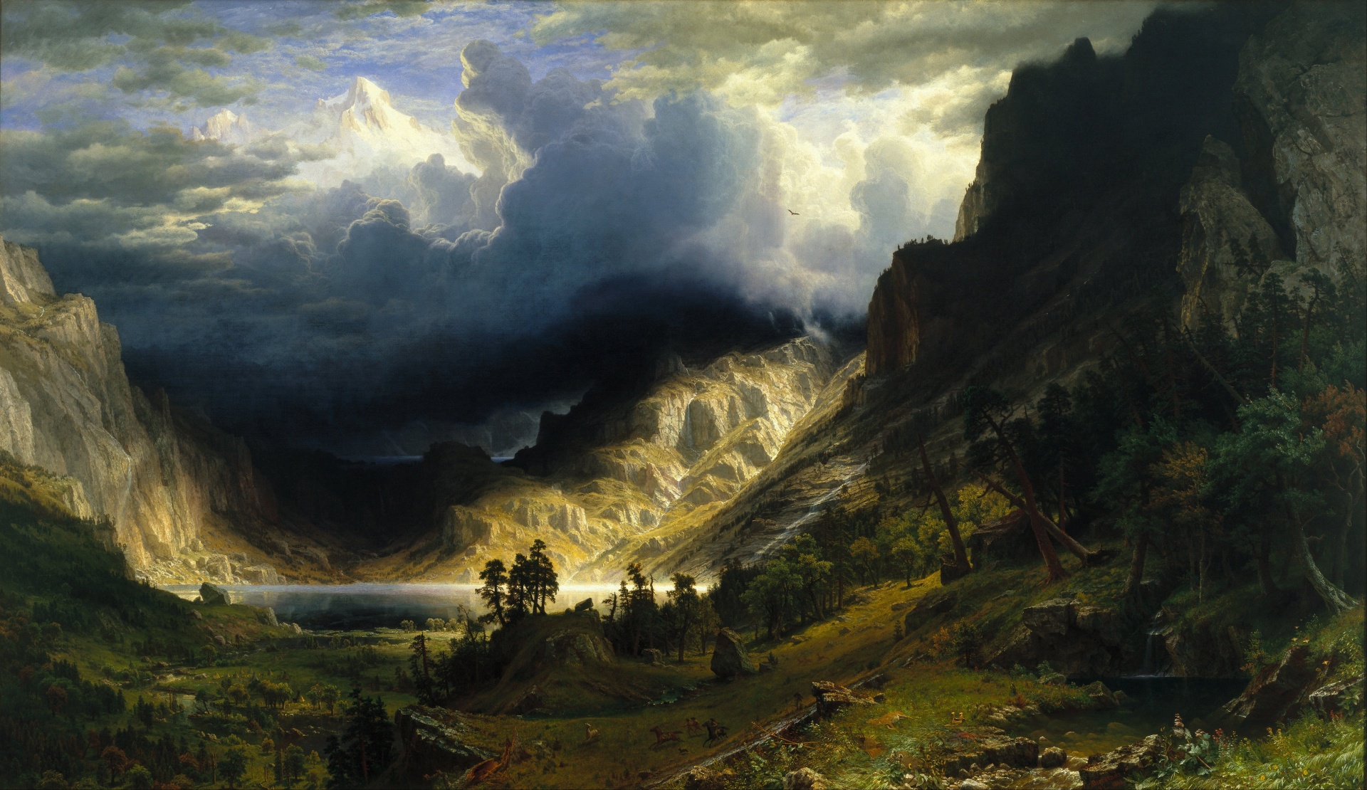 A gorgeous landscape oil painting of a storm approaching the Rocky Mountains in the western United States