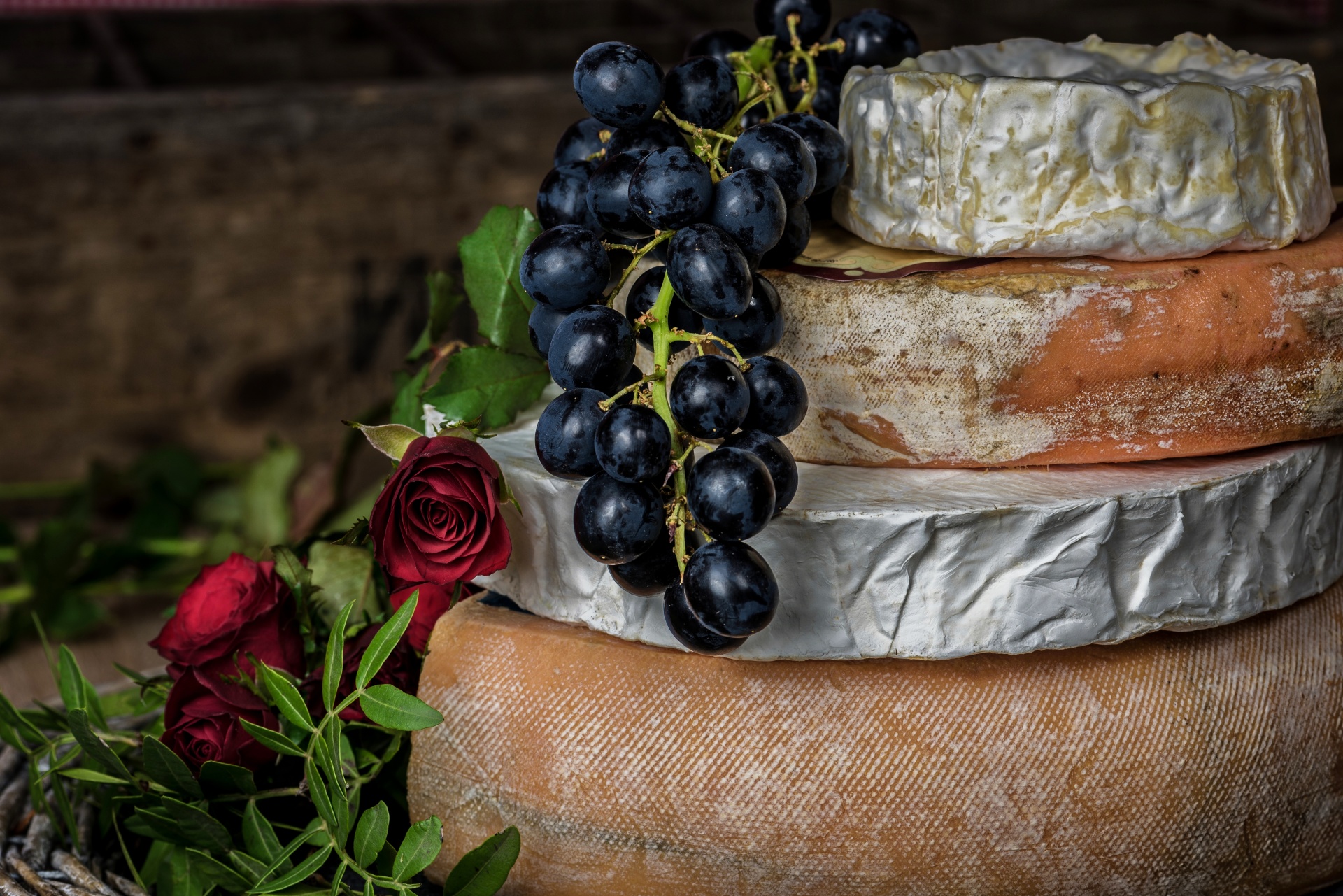 Colorful Image of Cheese, Grapes and Flowers