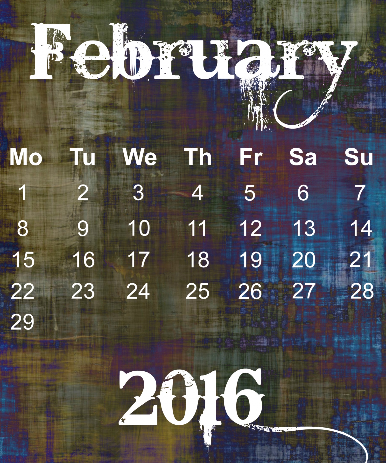 February 2016 Grunge Calendar / Poster / Wallpaper