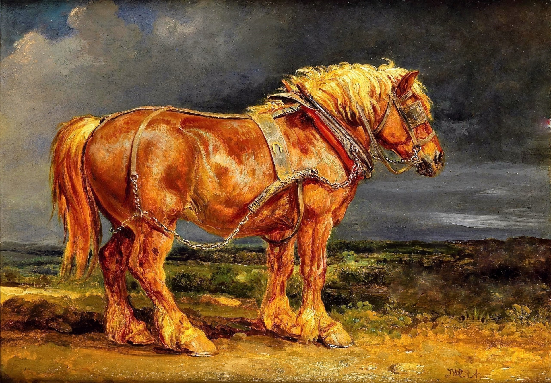 A work horse, standing on a hillside, as a storm approaches