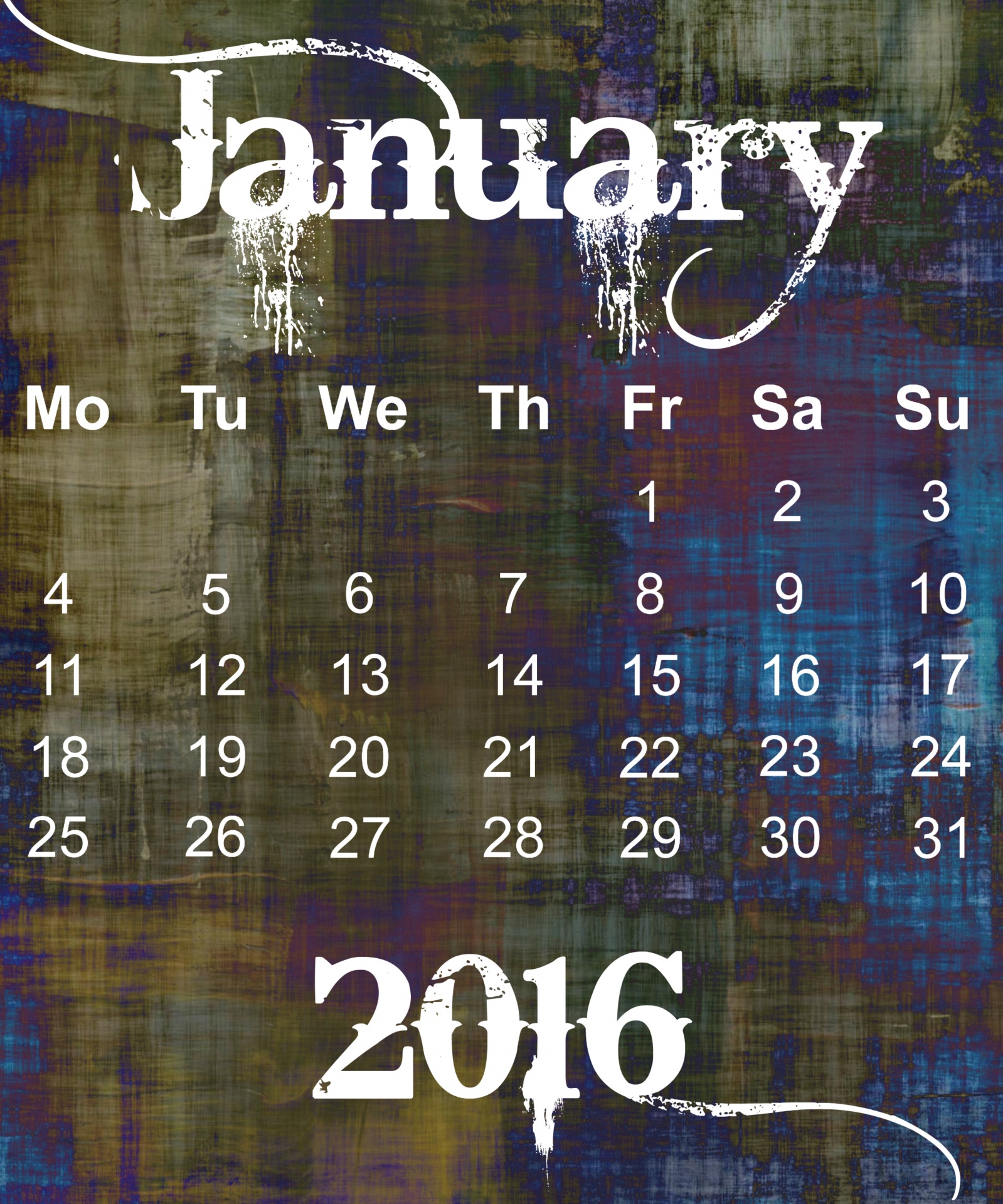 January 2016 Grunge Calendar / Poster / Wallpaper