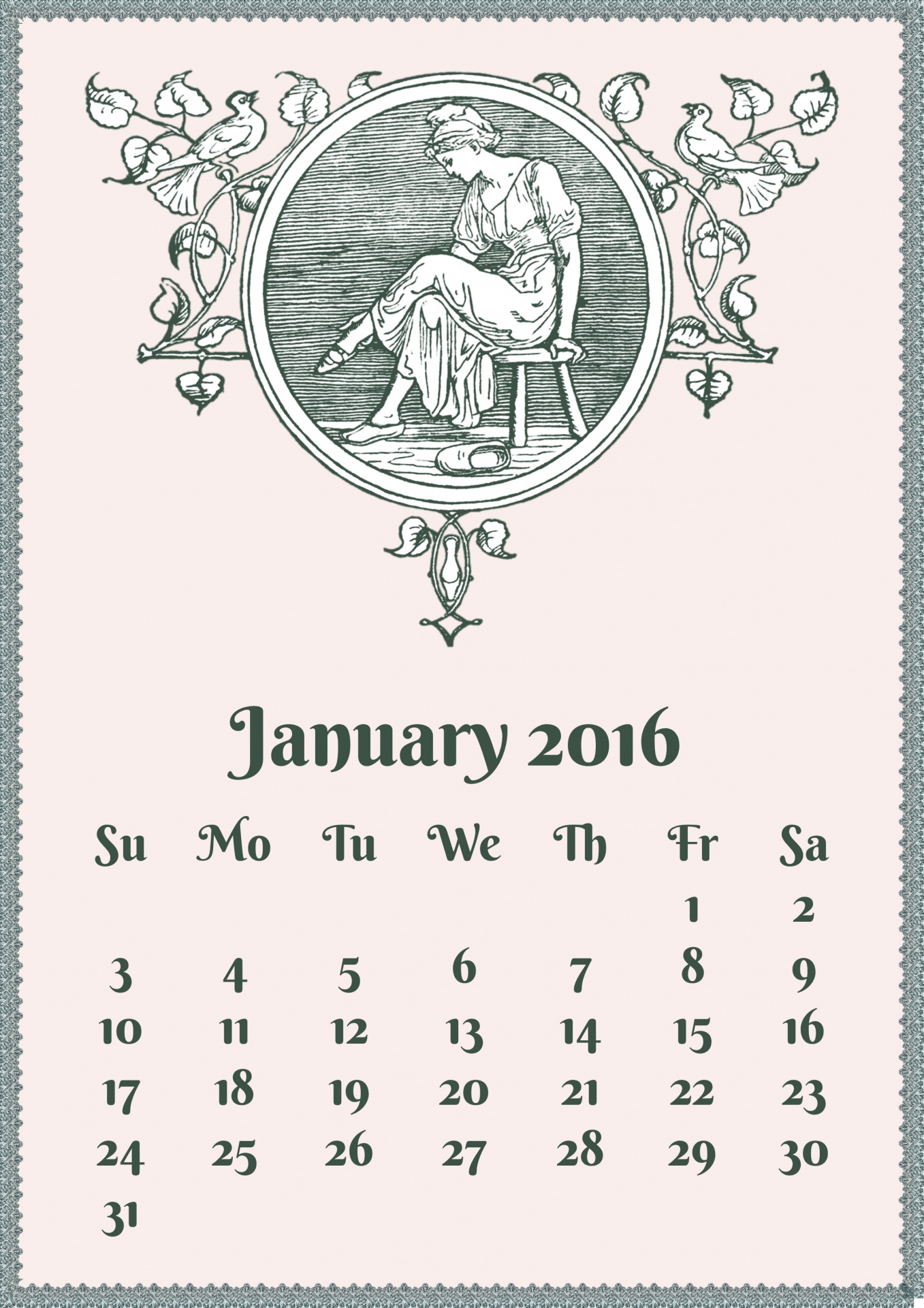 A vintage image with January 2016 calendar