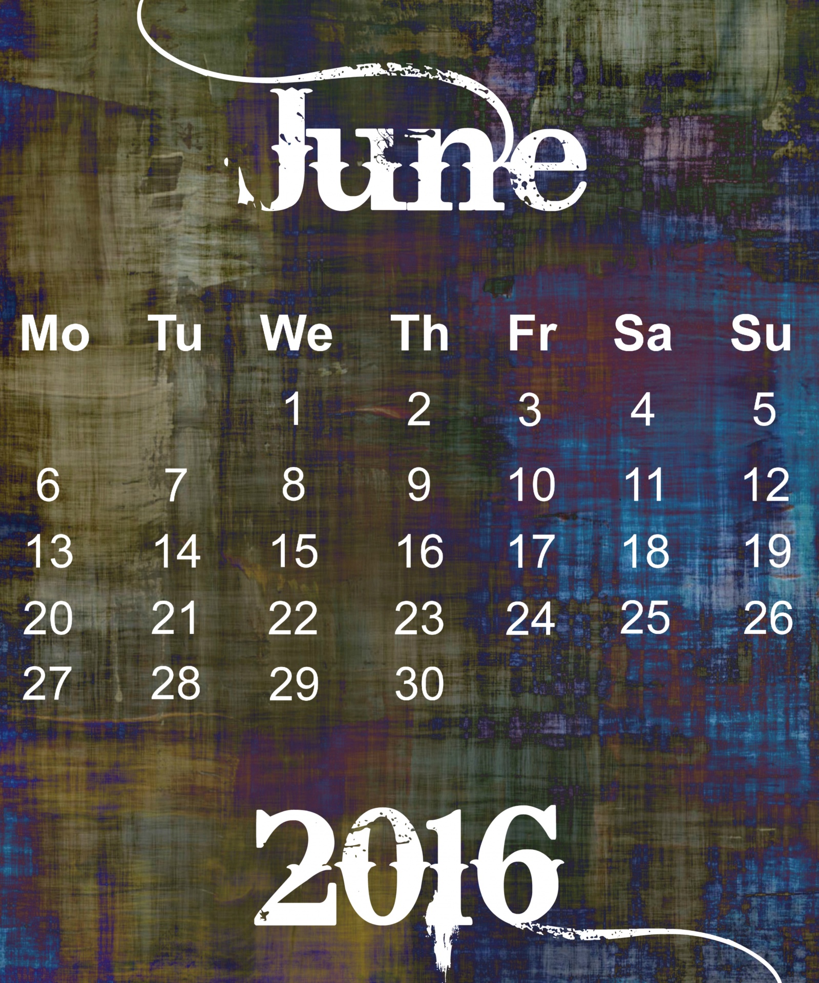 June 2016 Grunge Calendar / Poster / Wallpaper