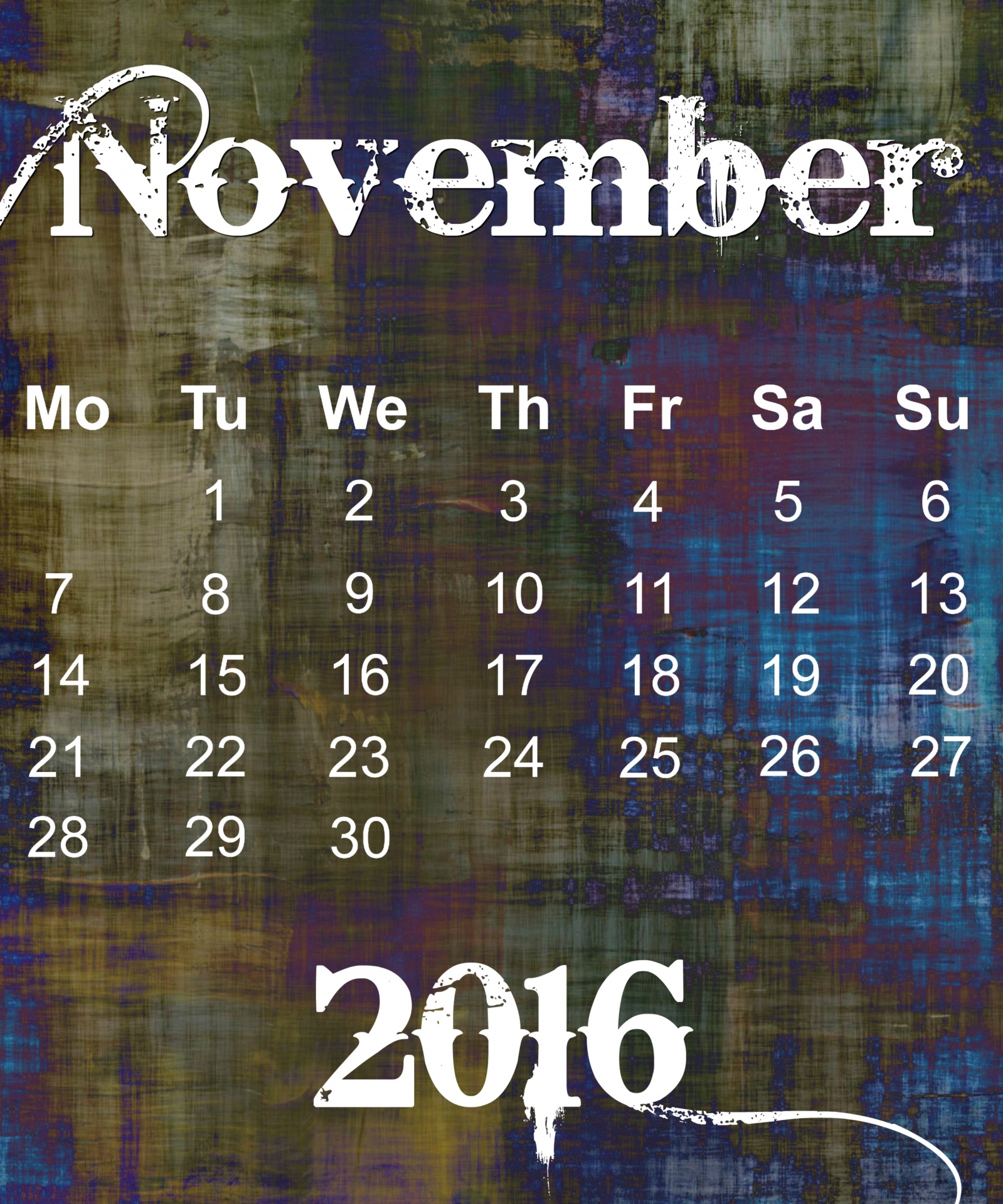 November 2016 Grunge Calendar / Poster / Wallpaper