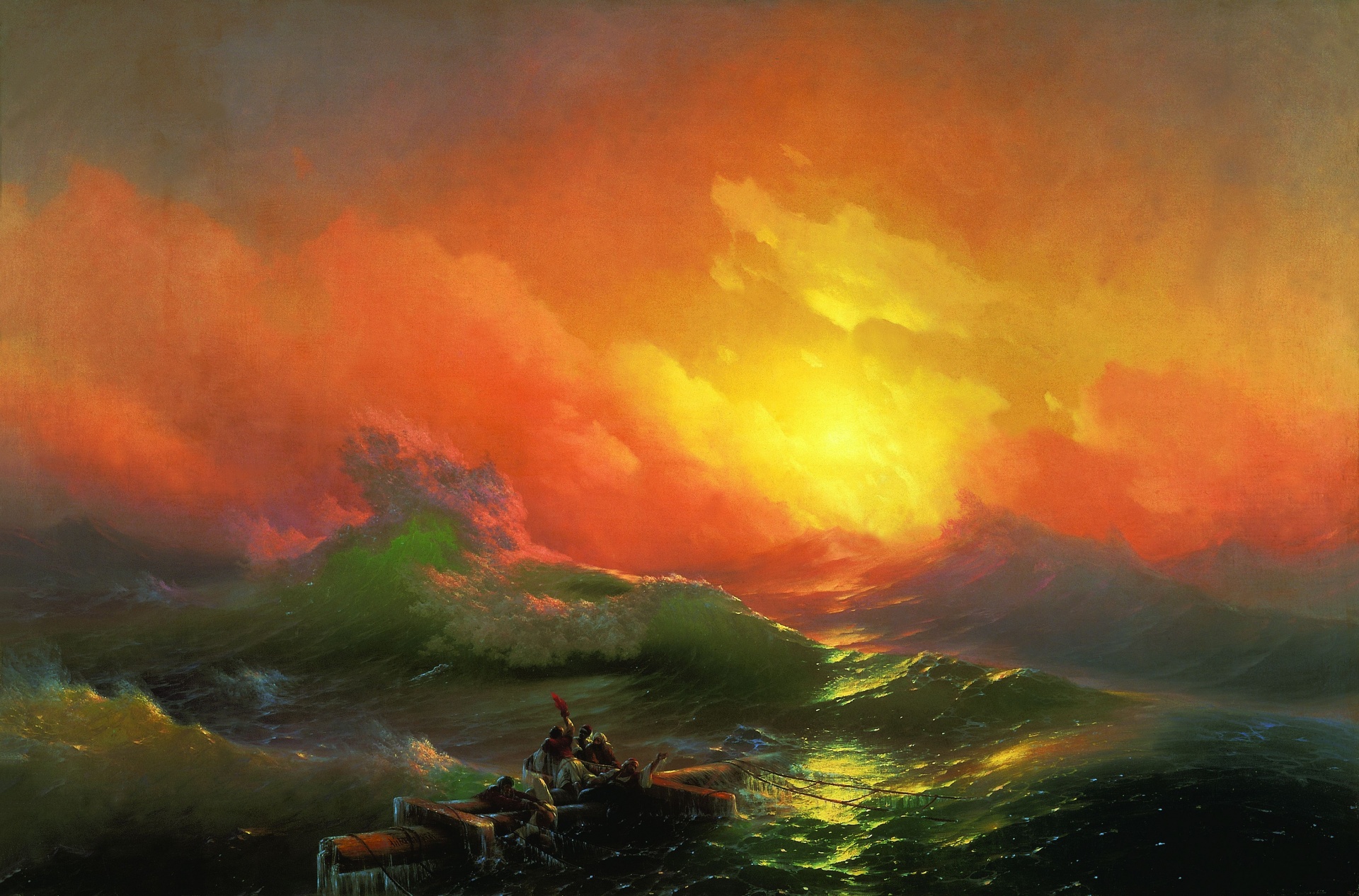 Seascape with a boat in the foreground, huge waves, and a gorgeous sunset