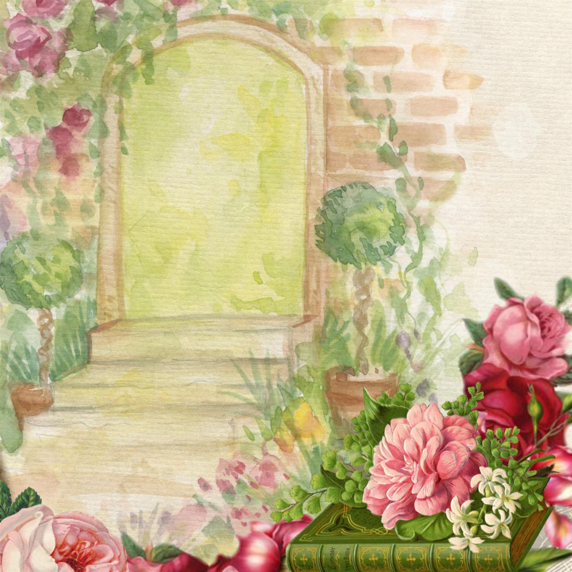 Background Watercolor Garden Flower Digital: Painting with pathway in a stunning floral colorful garden
