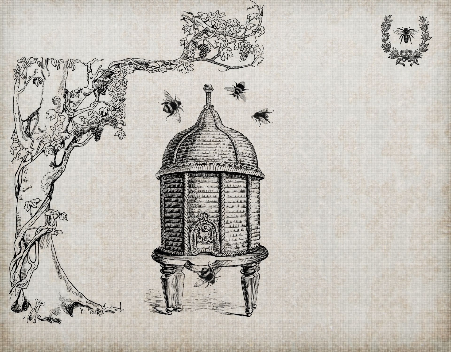 Old vintage beehive and bees background wallpaper
