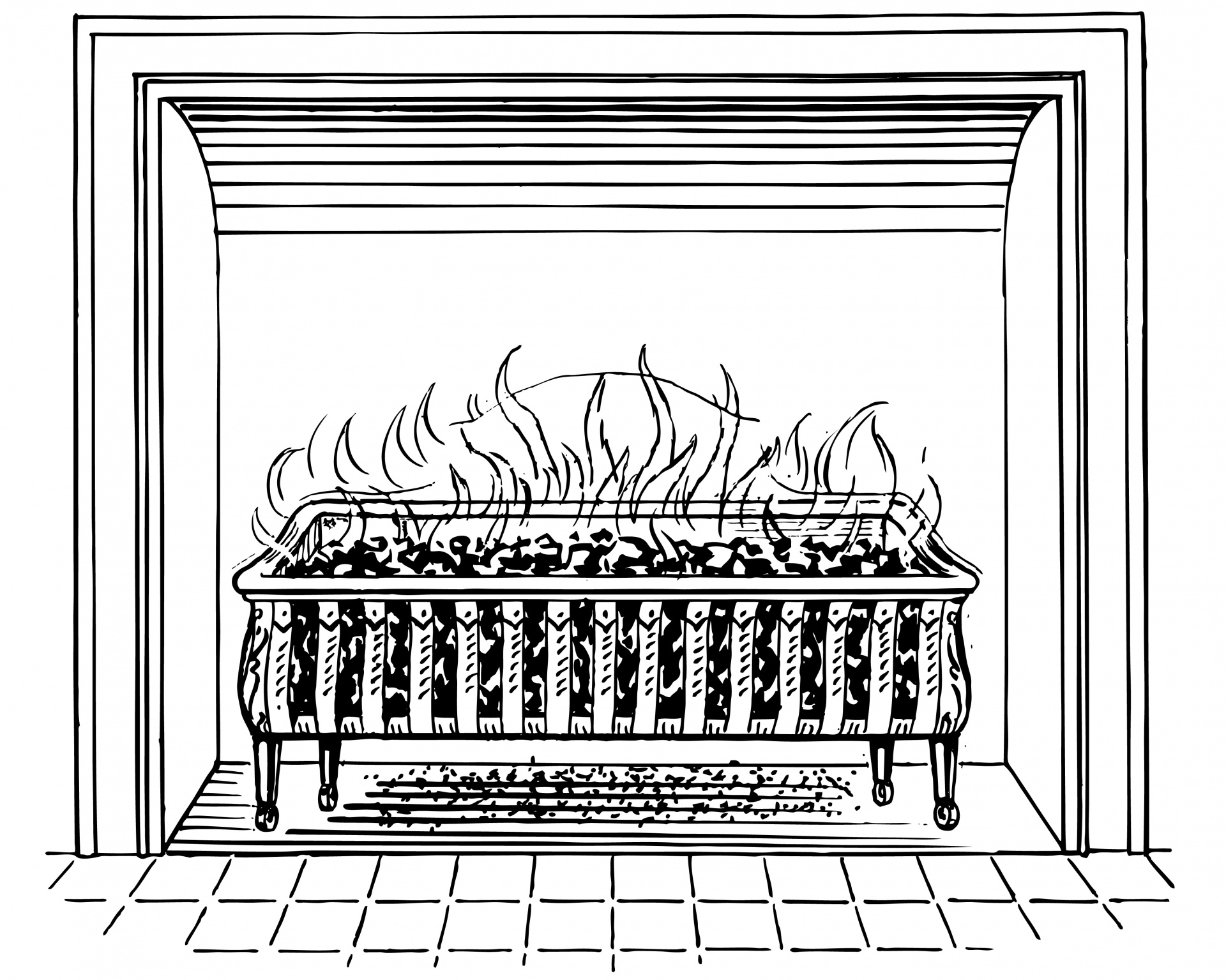 Line art illustration of grate with coal fire and files clipart