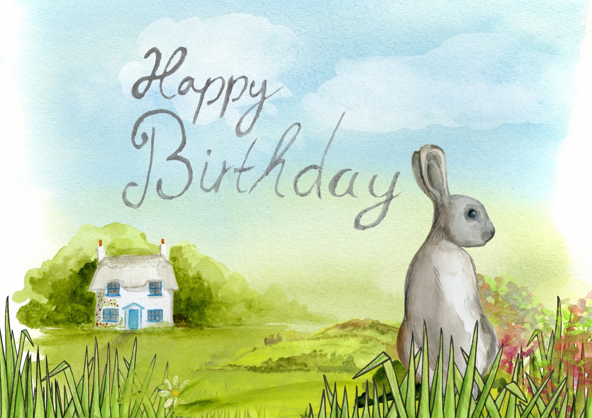 Happy Birthday Watercolor Greeting Card with a cute bunny - fun and colorful