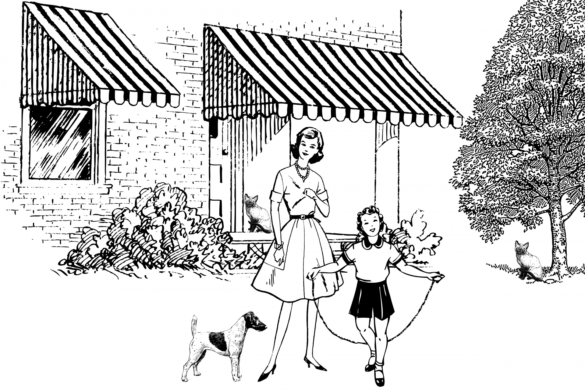 Vintage illustration of mother and daughter in garden
