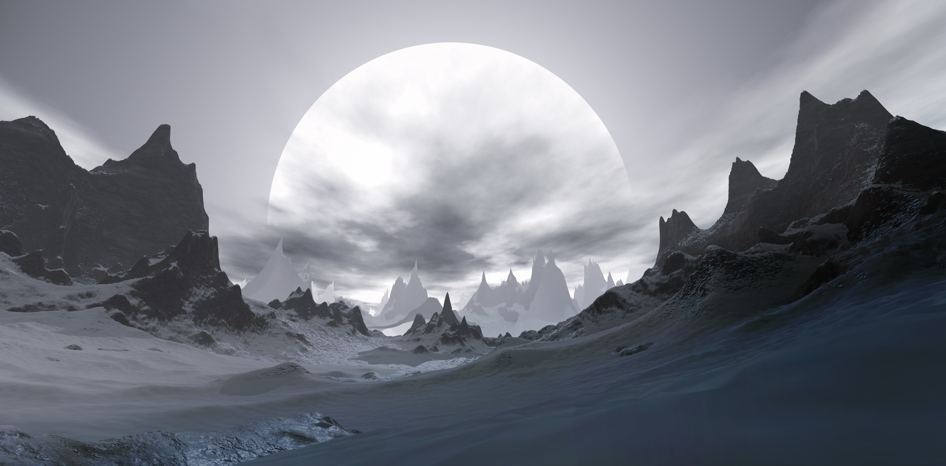 3D illustration of a winter alien planet witnessing big moon