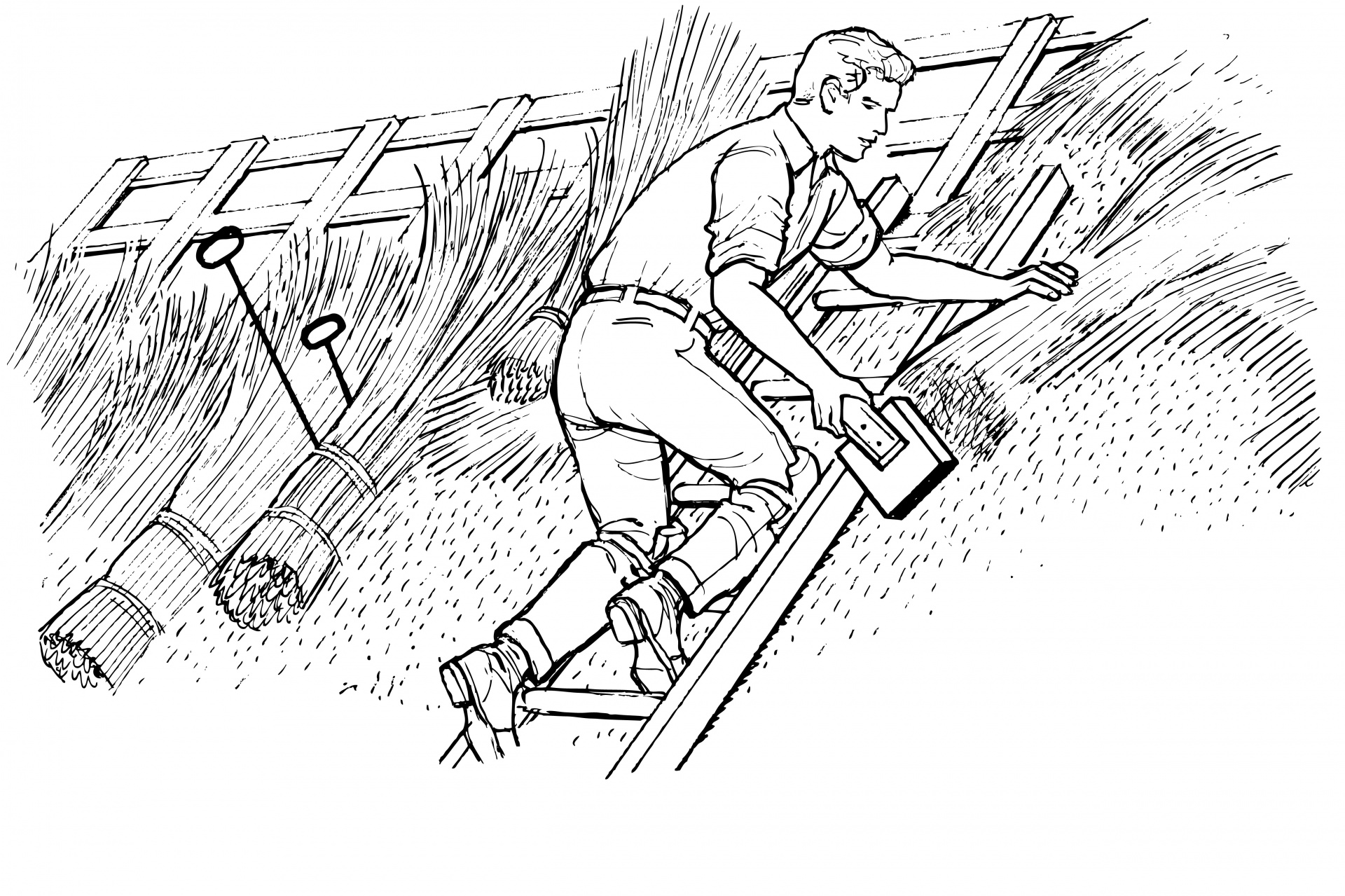 Man repairing thatch roof illustration