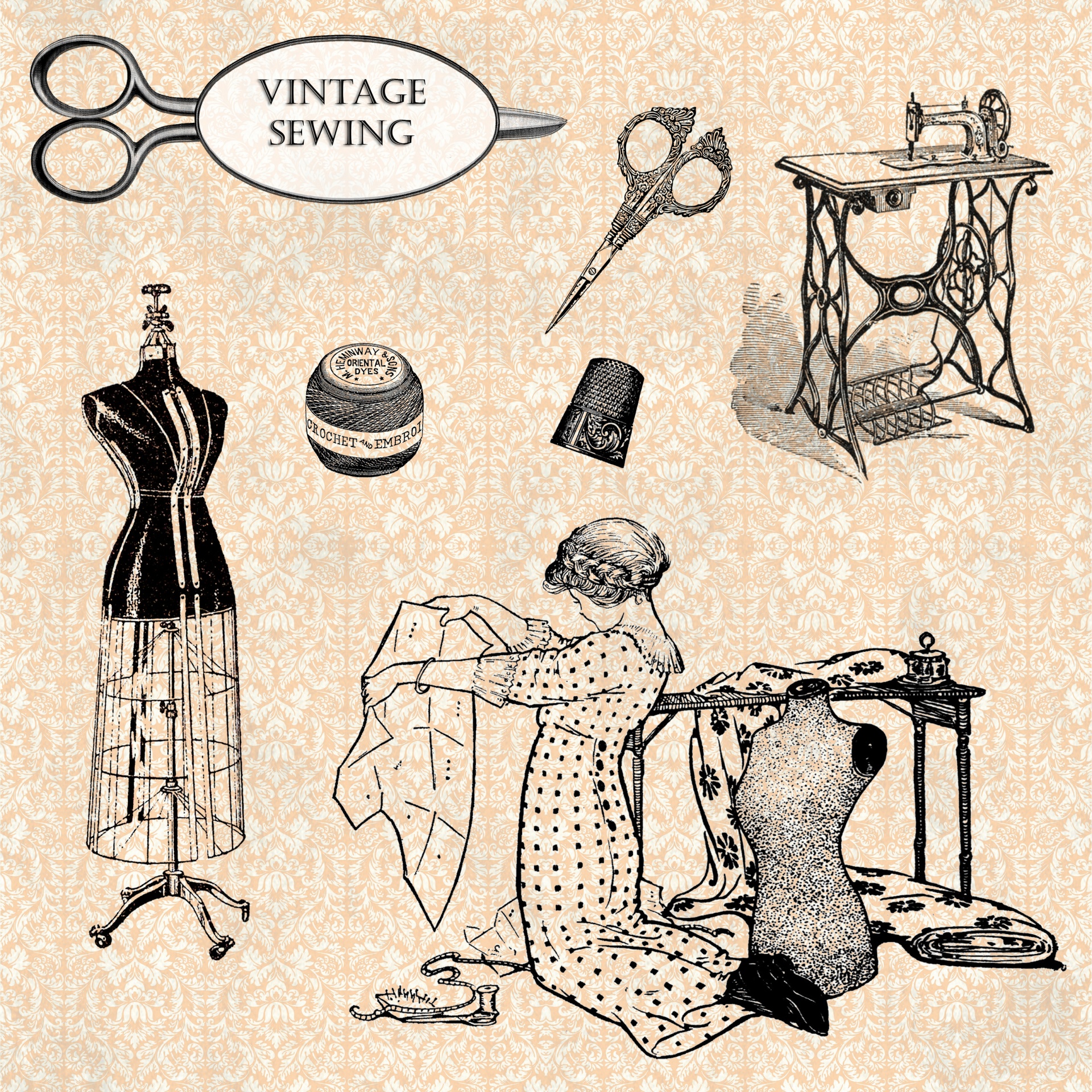 Vintage sewing woman and other elements for scrapbooking