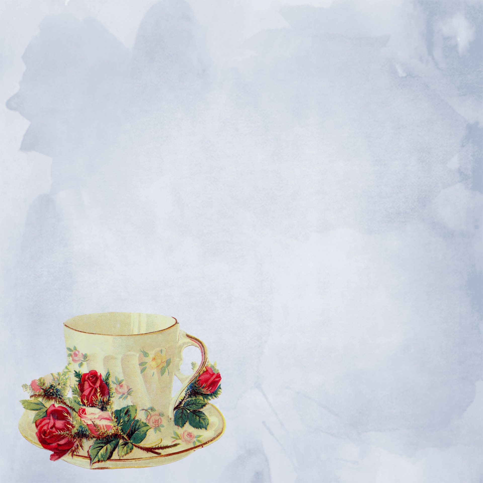 Vintage victorian teacup with roses watercolor wallpaper background