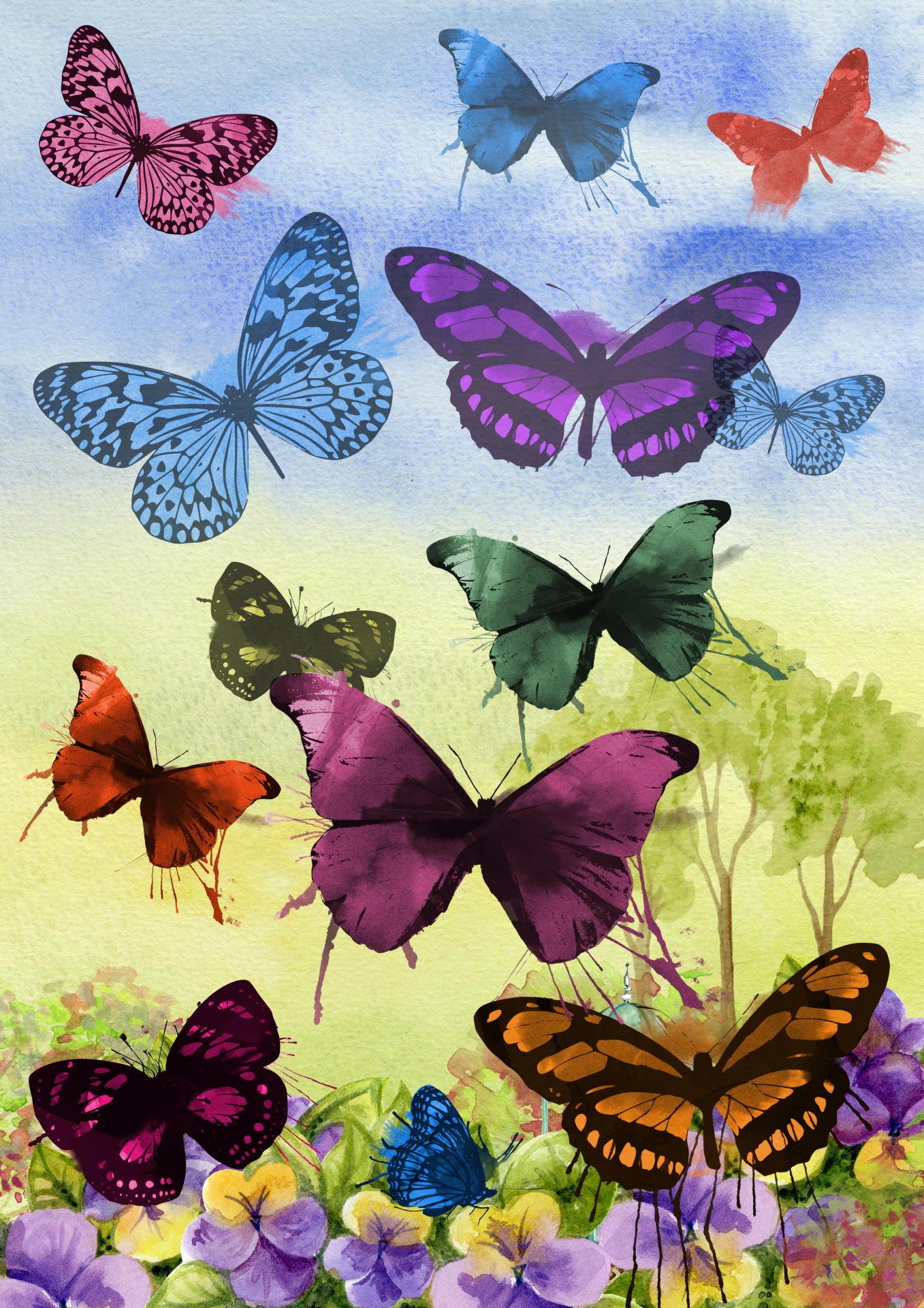 Watercolor Butterflies Art Work with colorful and vibrant butterflies flying in a field