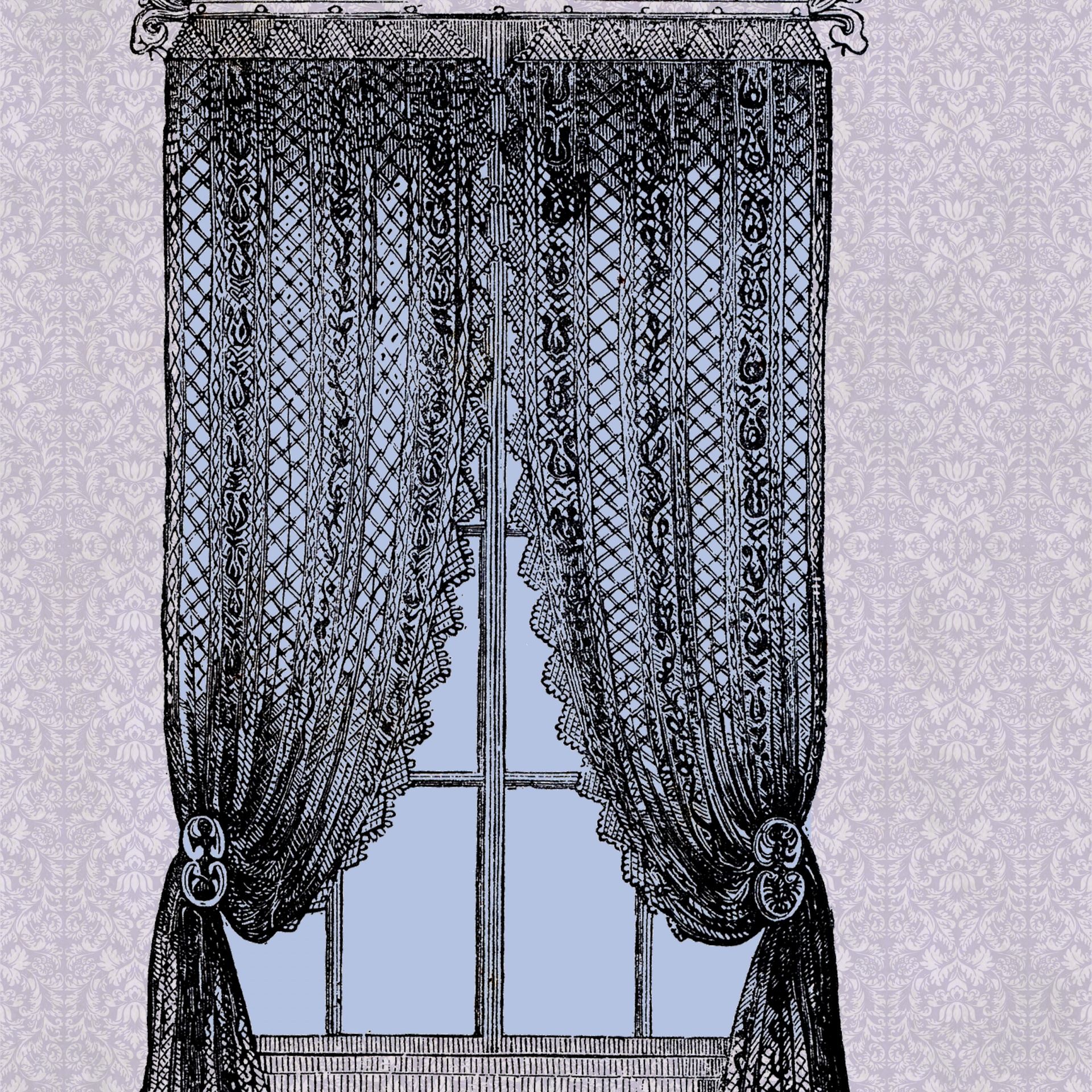 Victorian window with black lace curtains