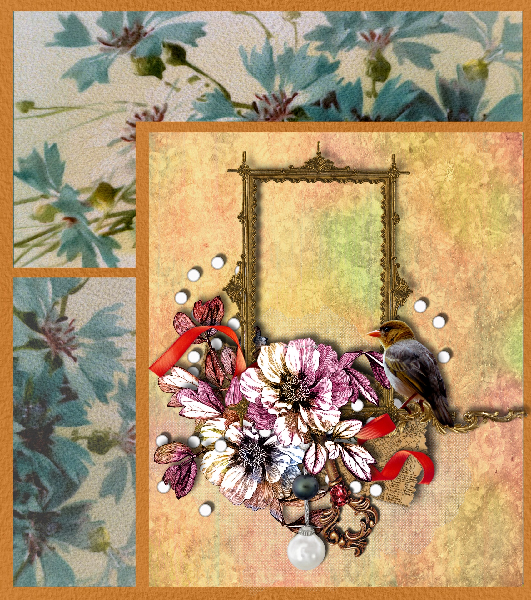 Lovely vintage floral frame with bird