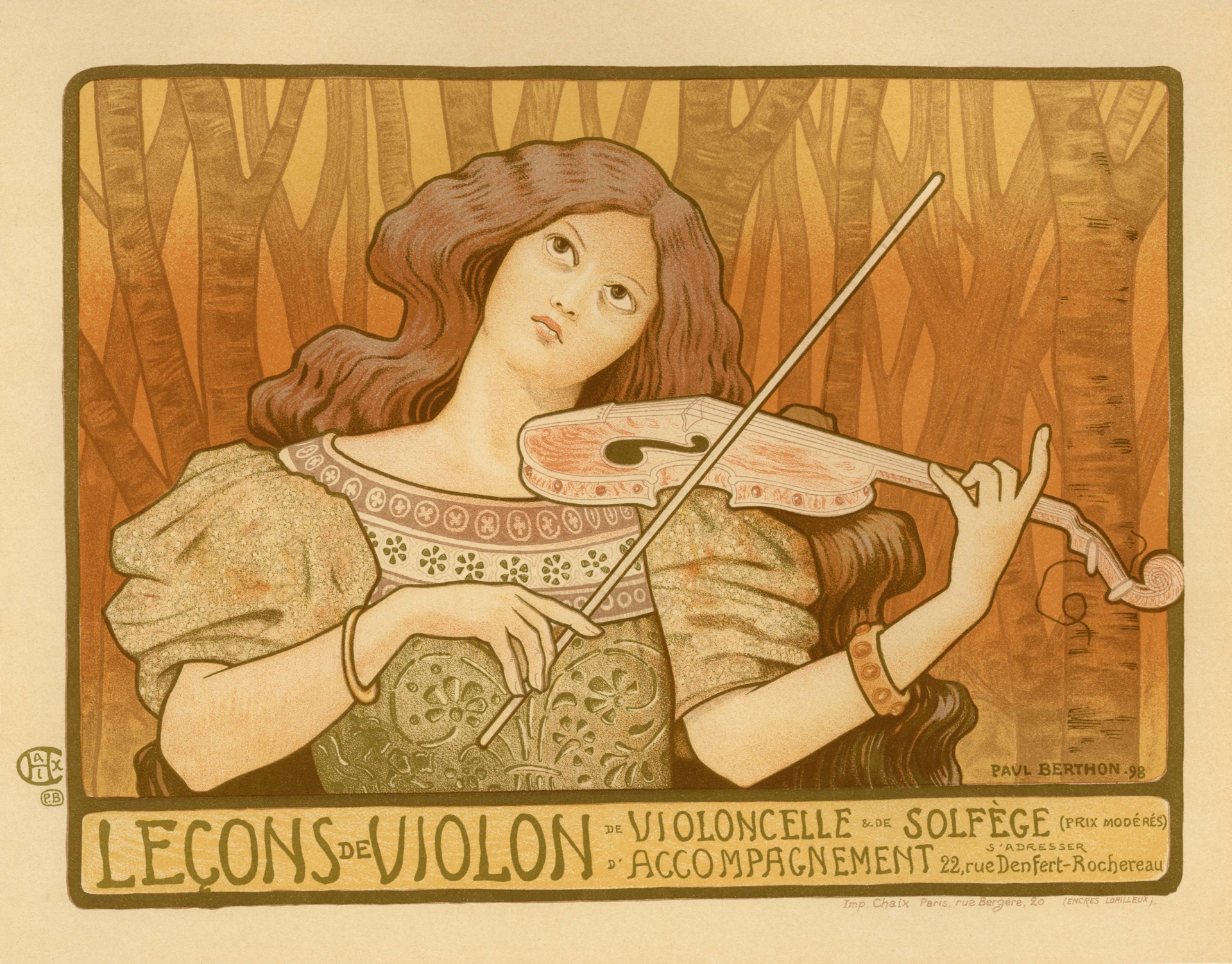 French Vintage Poster Advertising for Violin Performance Art Deco and Art Nouveau Lady in the Wood with violin