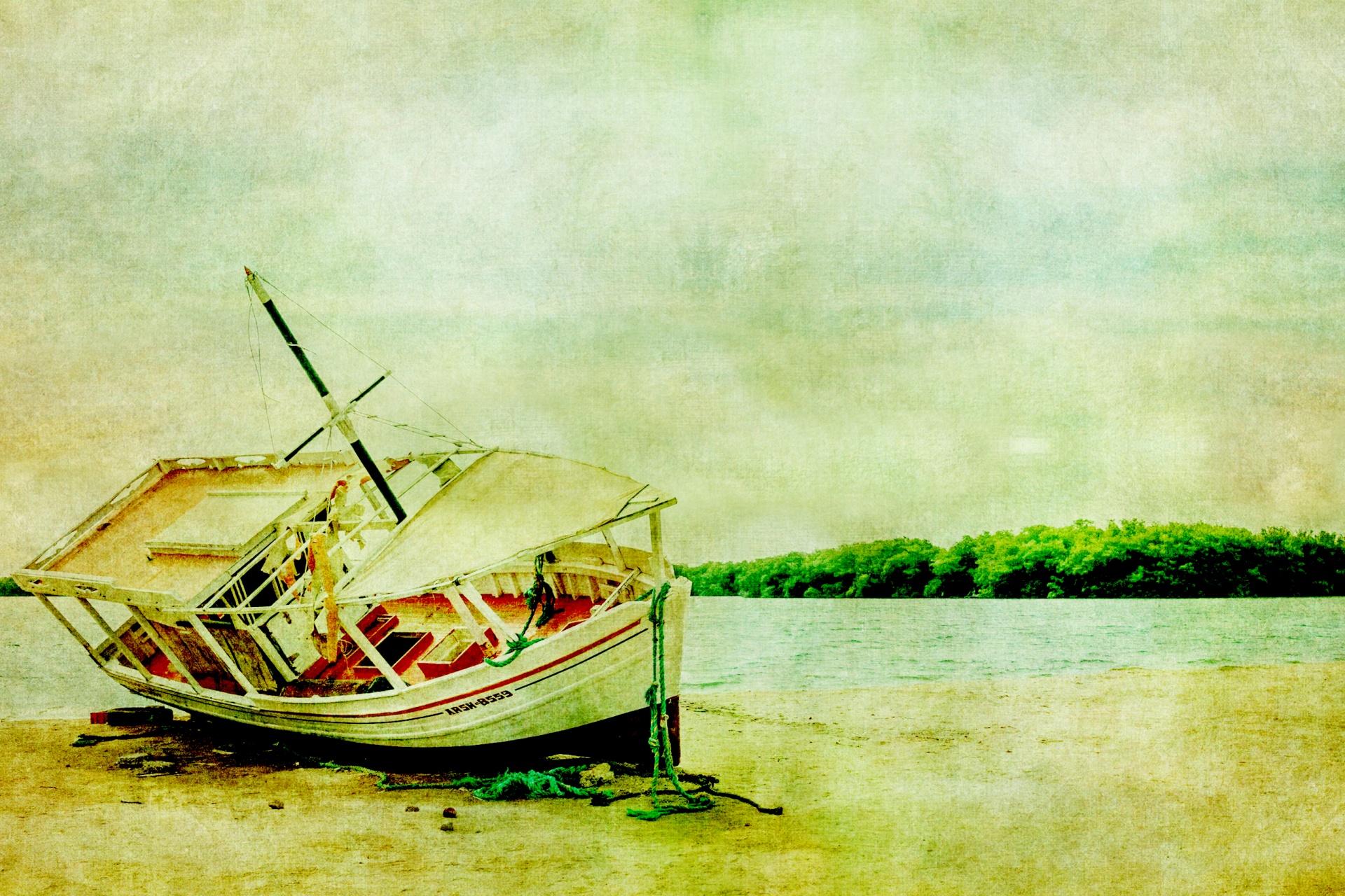 Boat aground on beach vintage illustration wallpaper