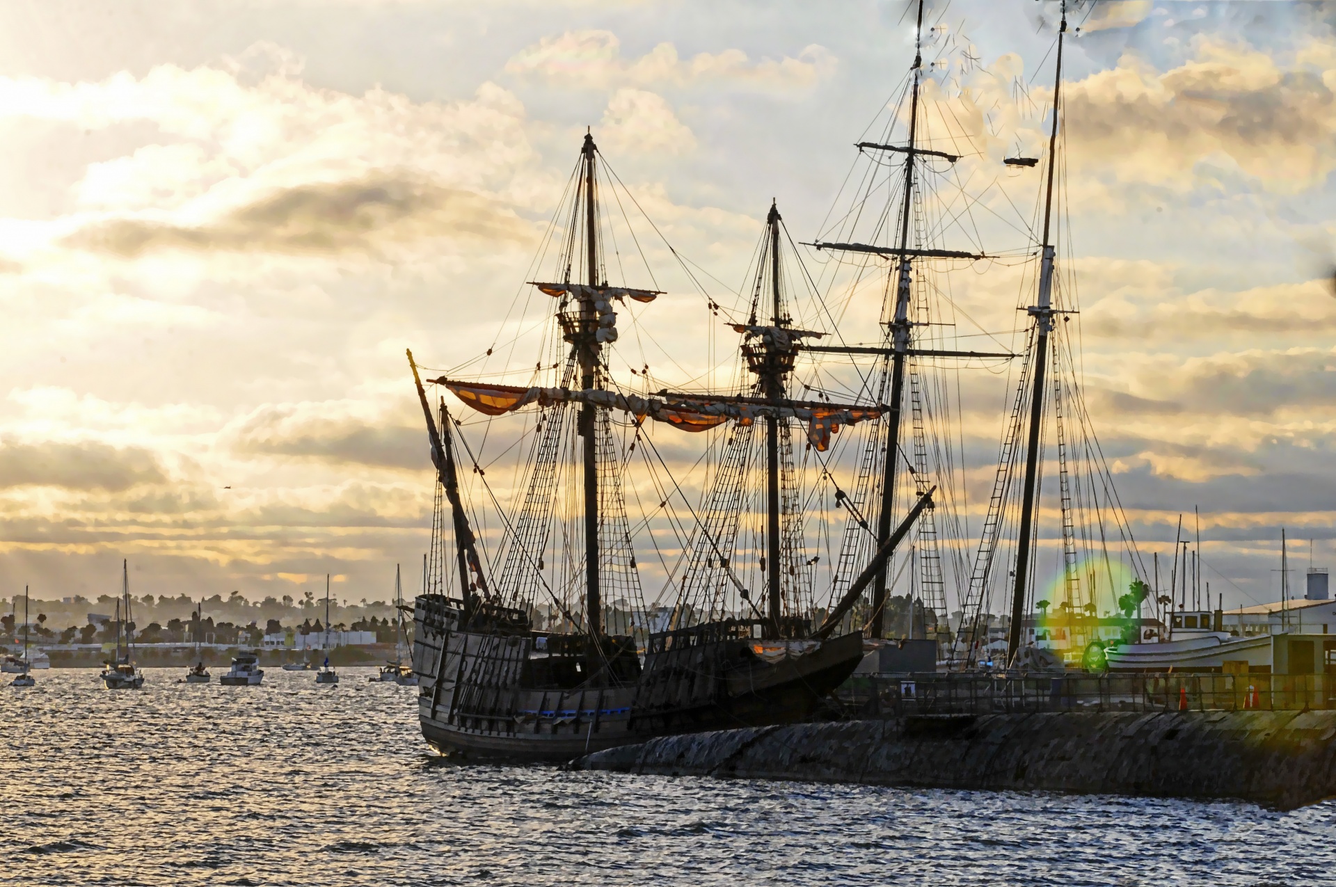Old Sailing Ship In Sunset
