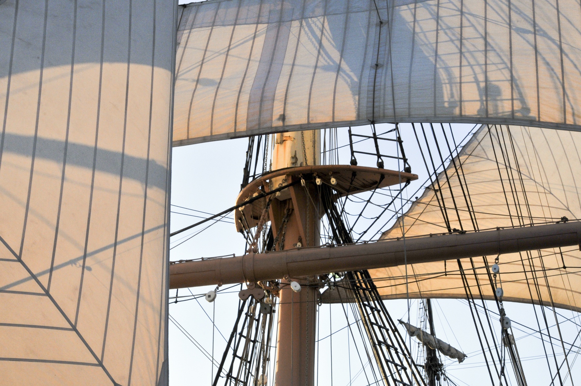 close up of sailing masts of old sailing ship from 1800's