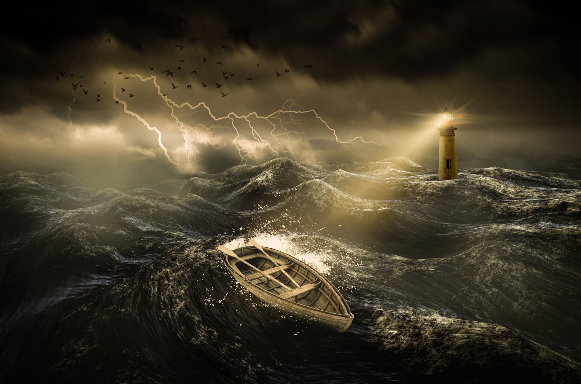Wooden Boat In A Stormy Sea