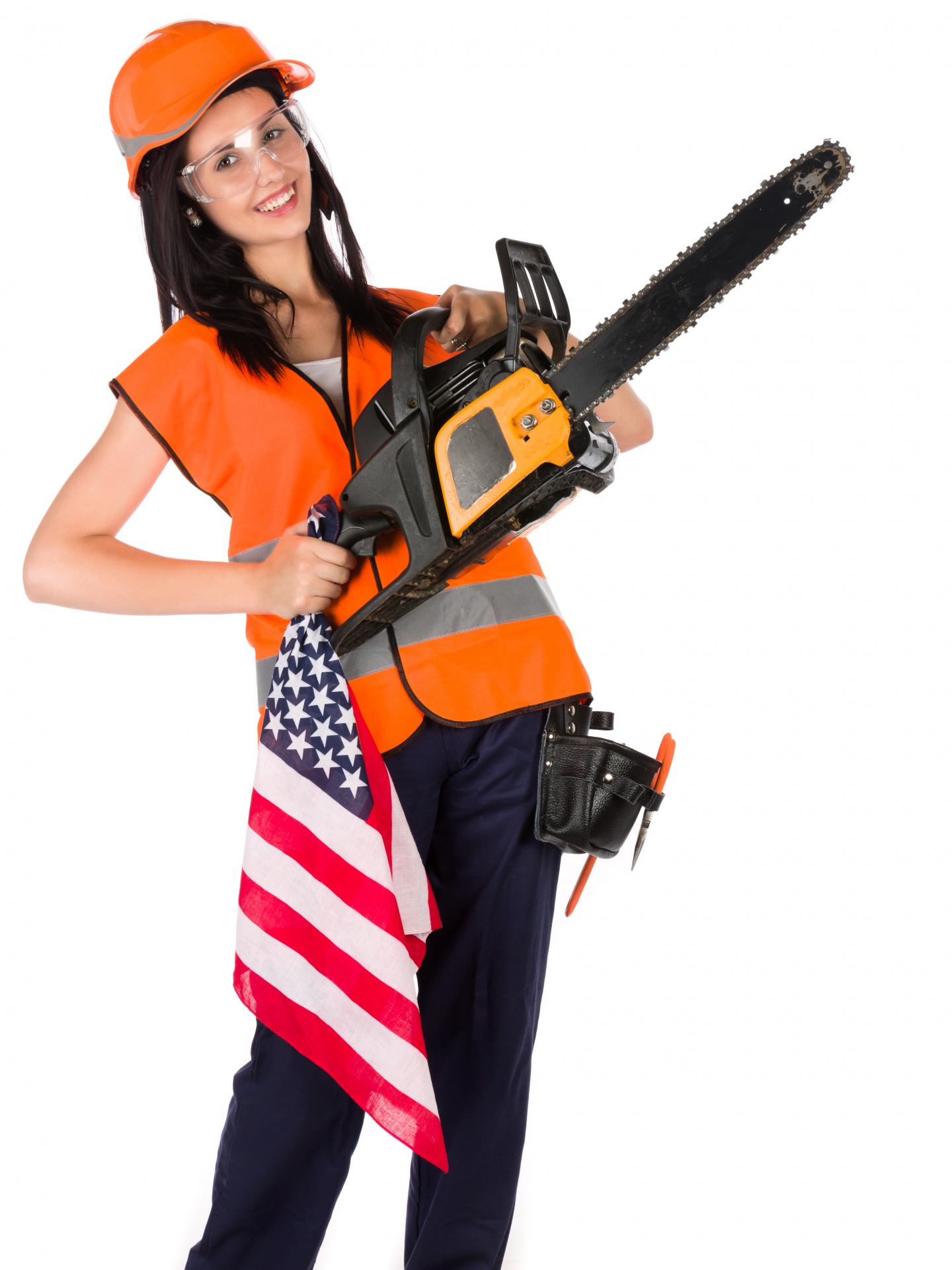 Young woman celebrating a Labor Day. Holding a Chainsaw.