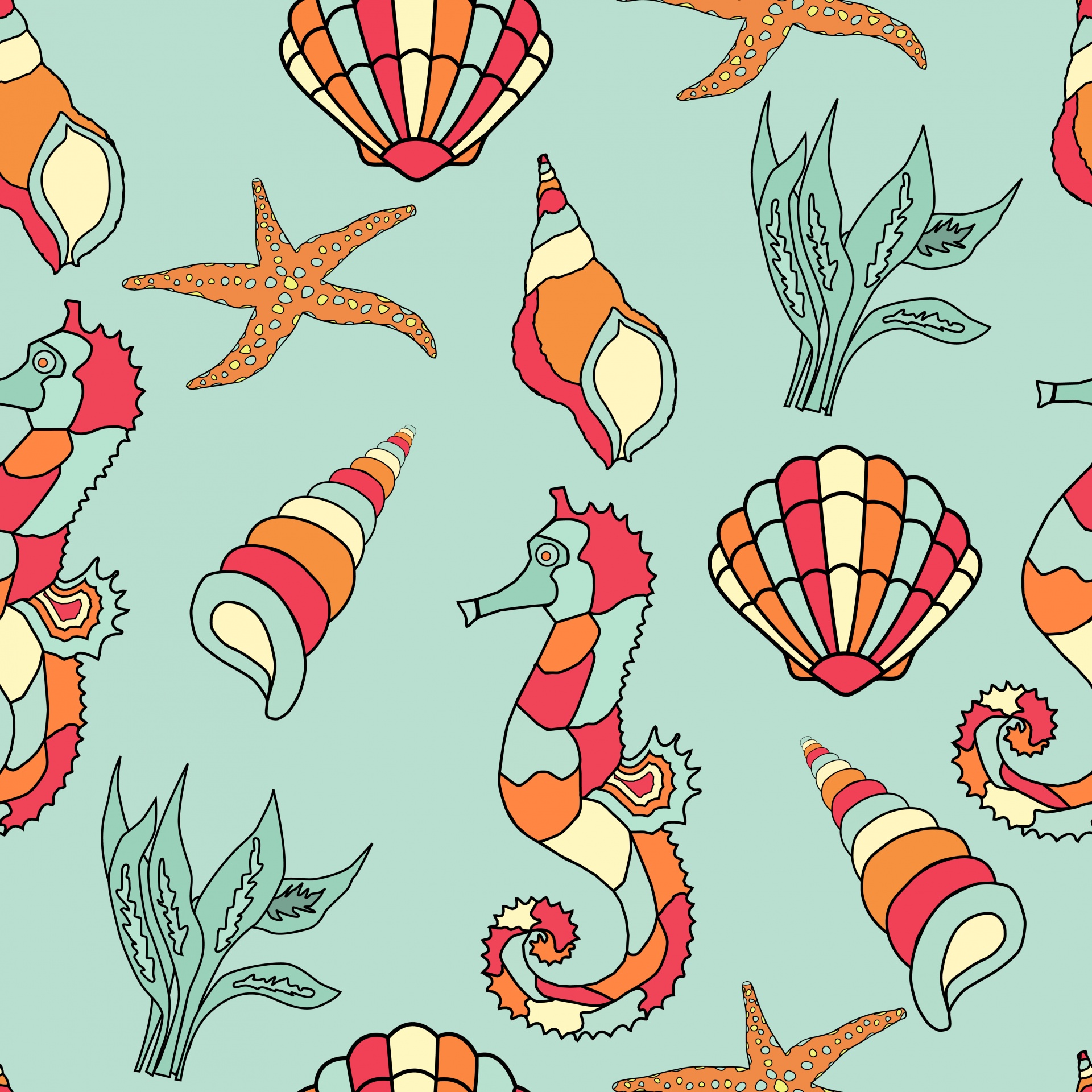 Colorful seamless wallpaper of seahorse, seashells and starfish background
