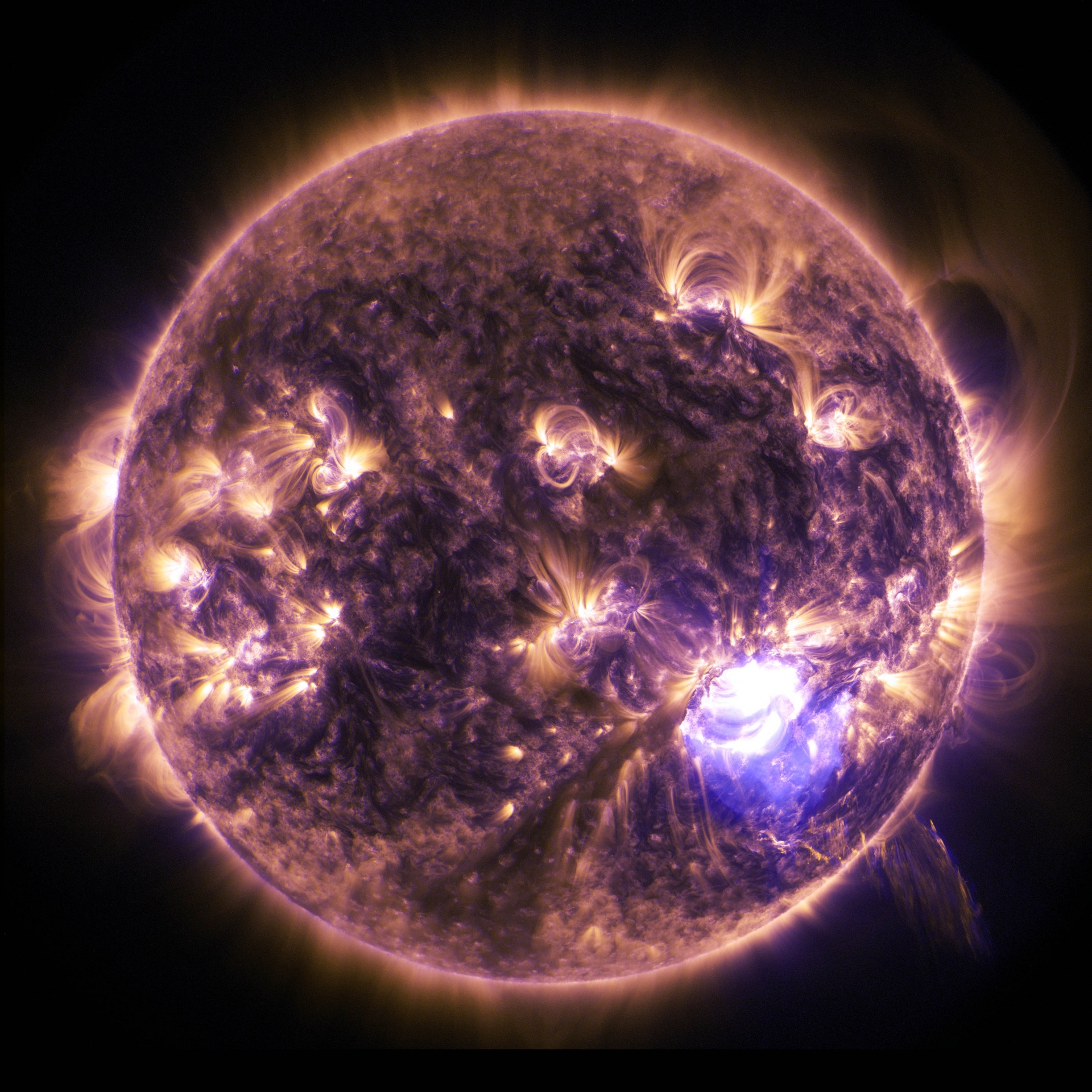 View of the sun yielding an intense solar flare