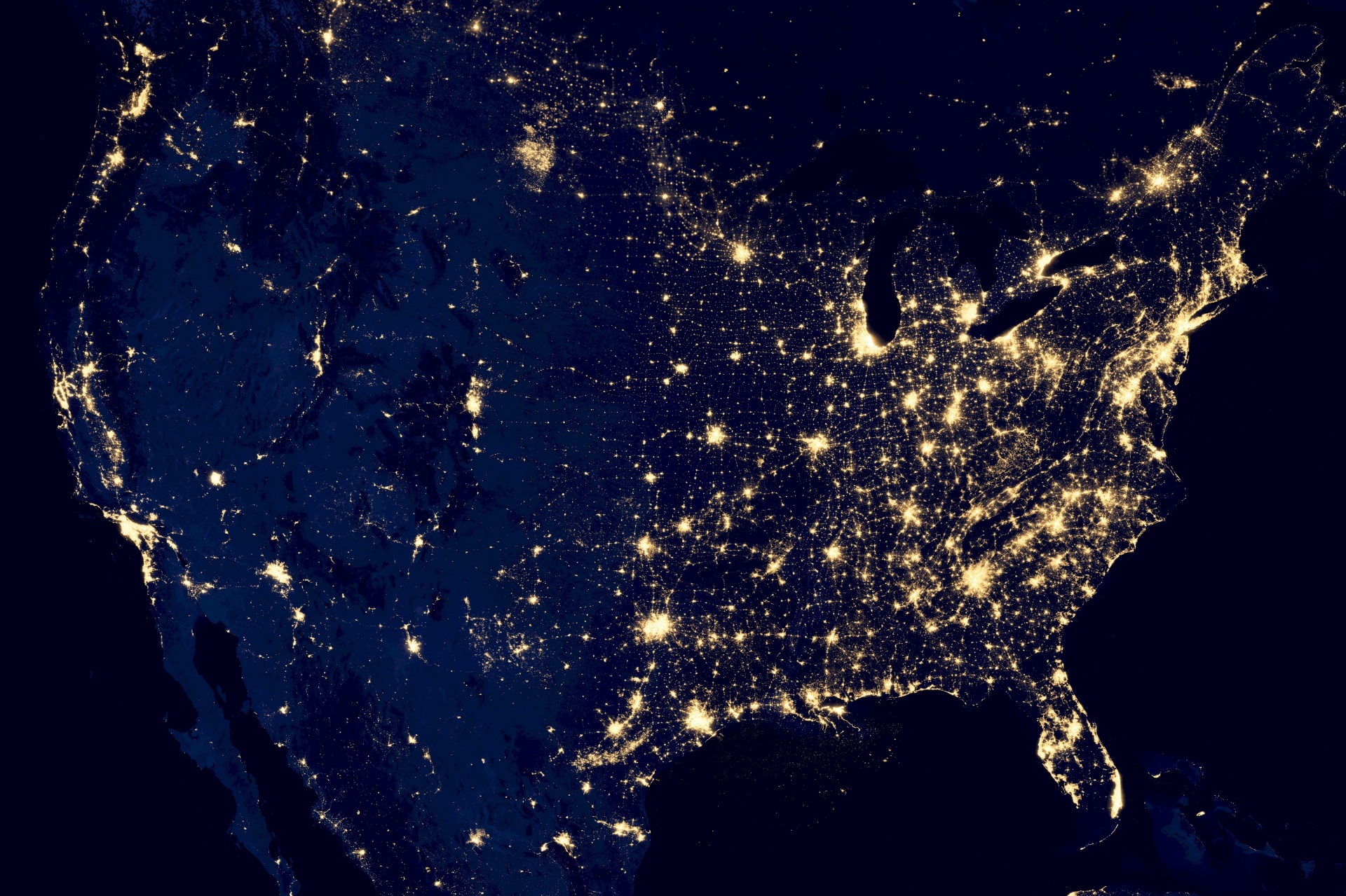 Lights of various cities in the United States as seen from outer space