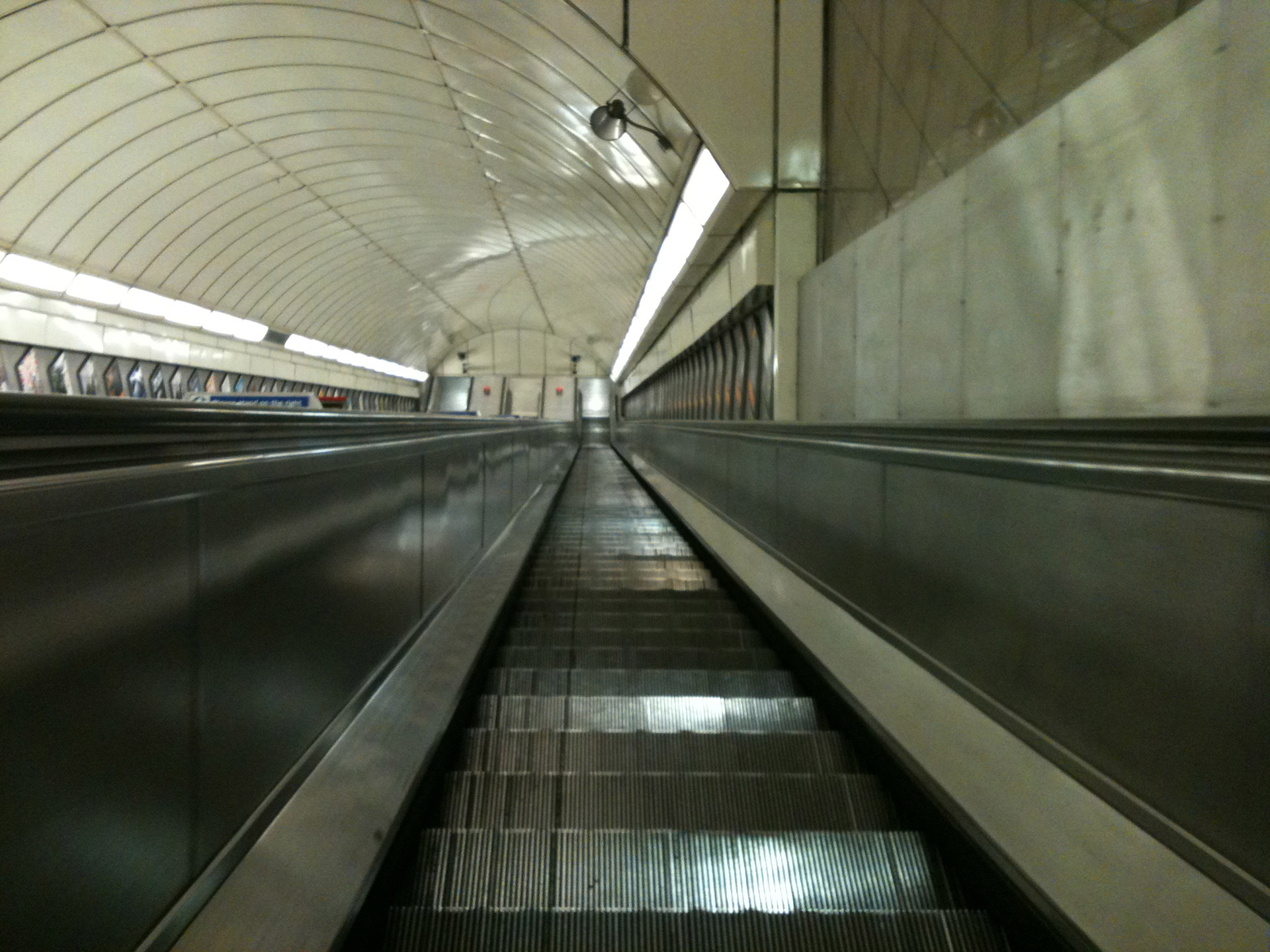 looking down on the Escalator at  Angel  on the london underground in England
