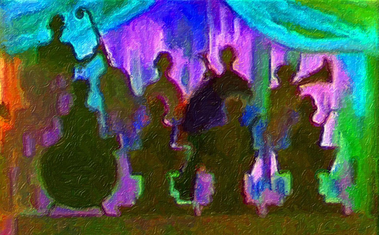 Painting of a band onstage