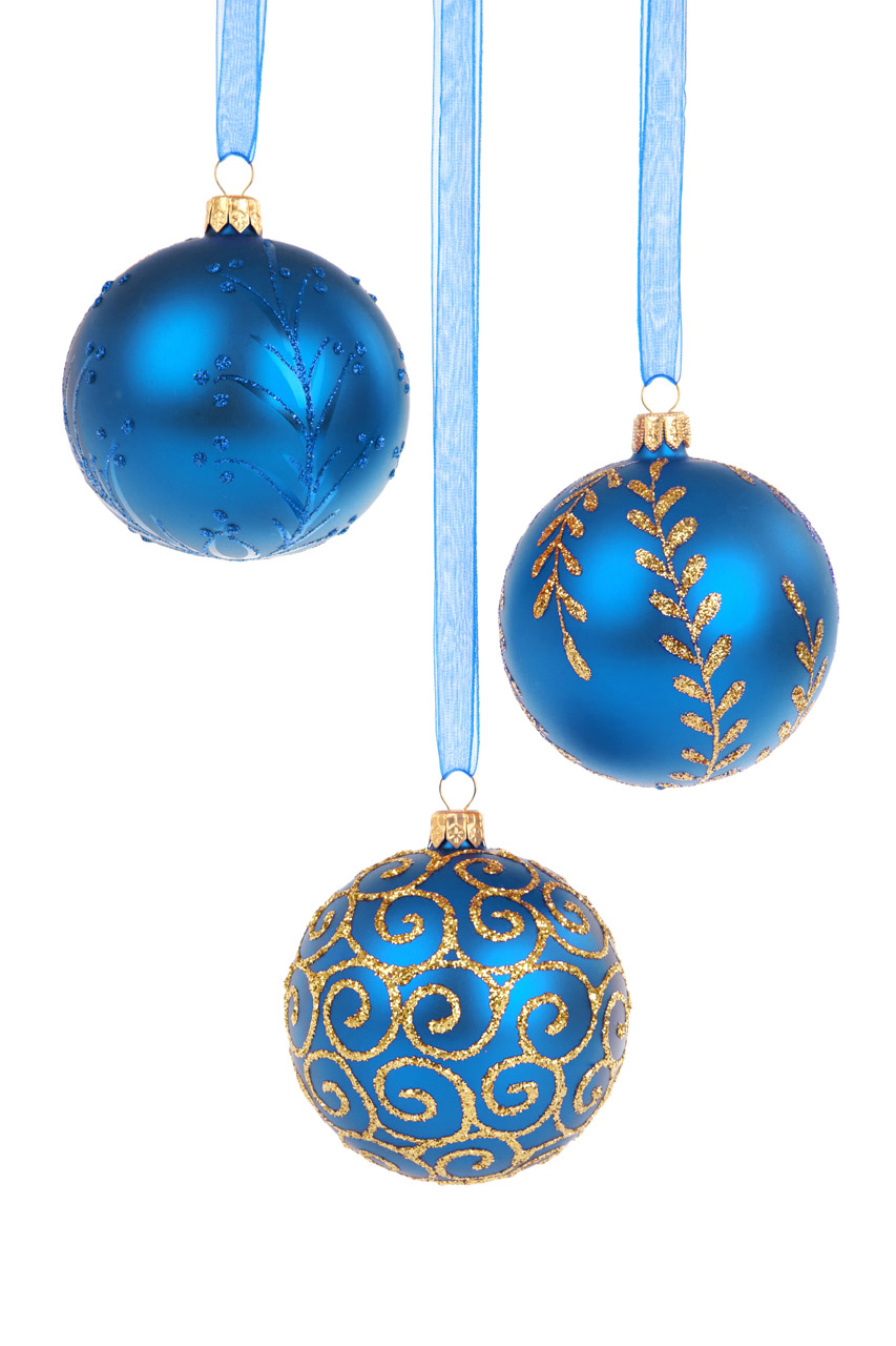 Three blue Christmas baubles hanging isolated on white background