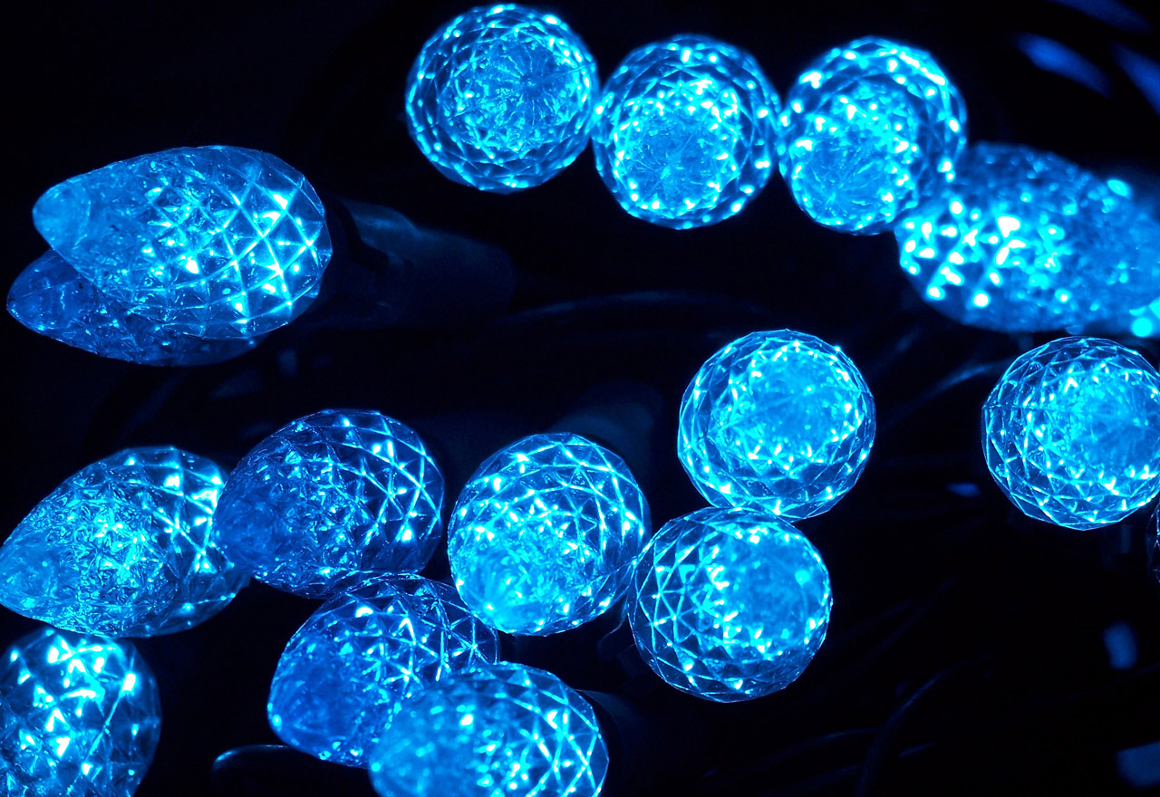 Close shot of blue Christmas lights