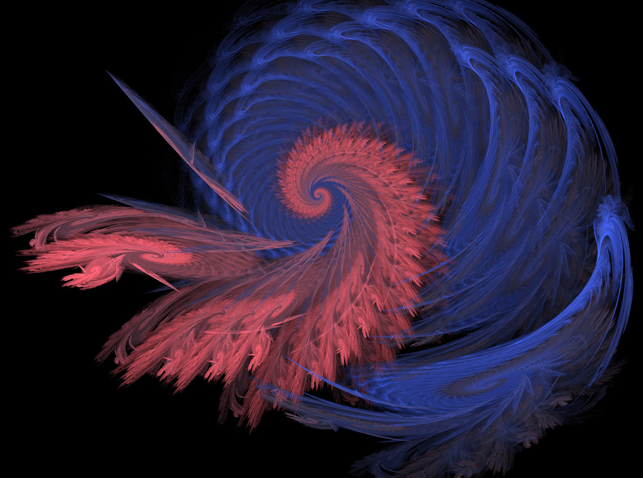 fractal of pink and blue feathery swirls