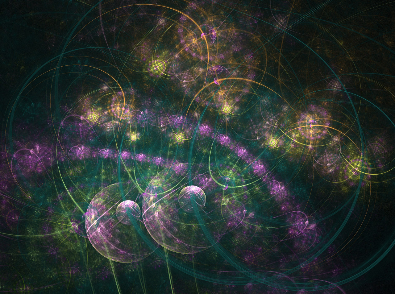 Circles and other shapes in a fractal of purple, green and other colours