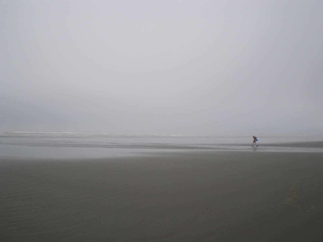 A lone boy hiking on a desolated beach