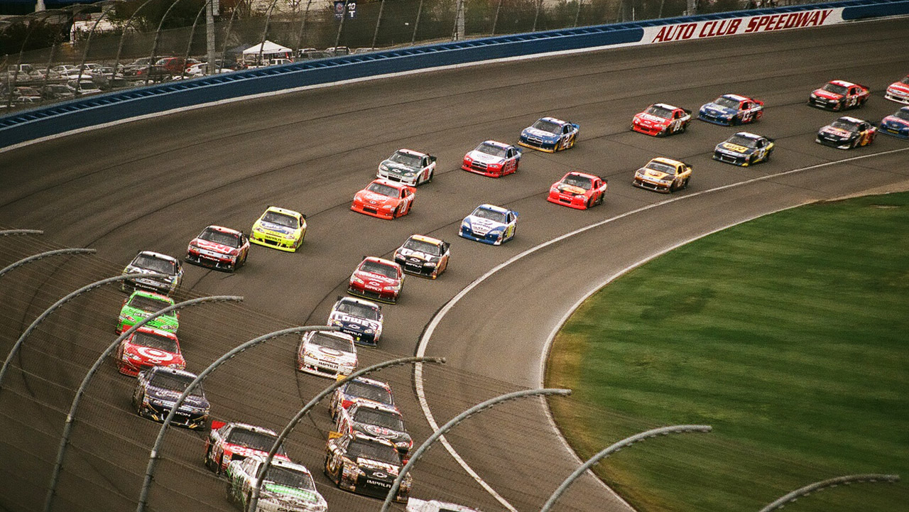 In preparation for the green flag restart, Nascar race cars take their appropriate lineup in the order they were in before the yellow caution flag came out.