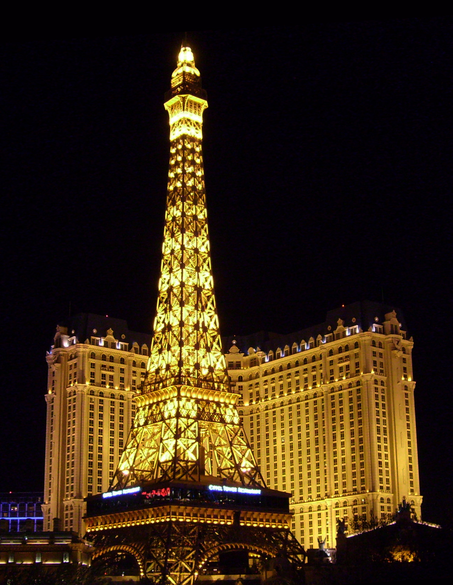 Night shot of the Paris Hotel and Casino in Las Vegas, Nevada, USA