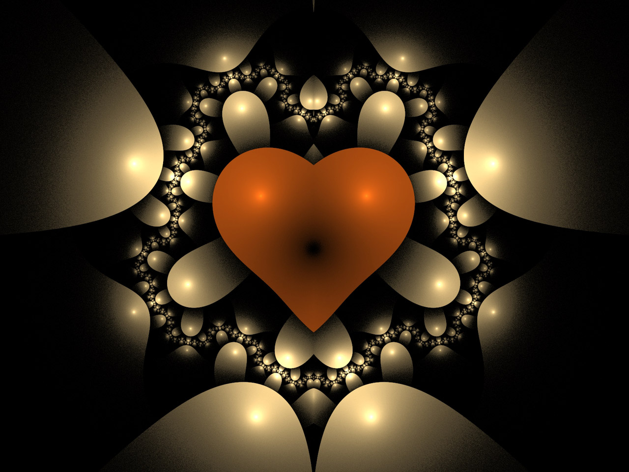 Fractal of a red heart surrounded by beige balls