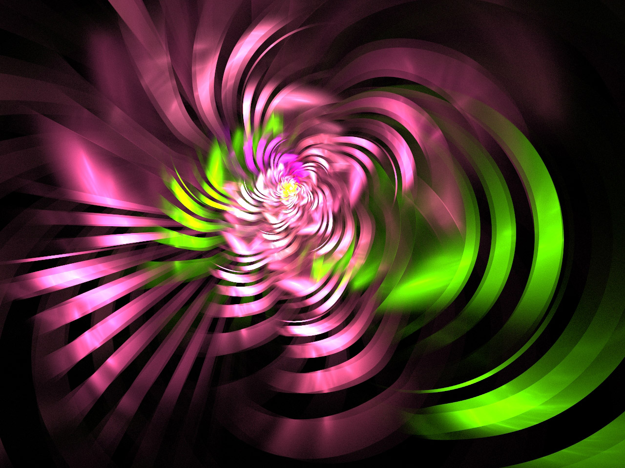 fractal of ribbon-like swirls in pink and green