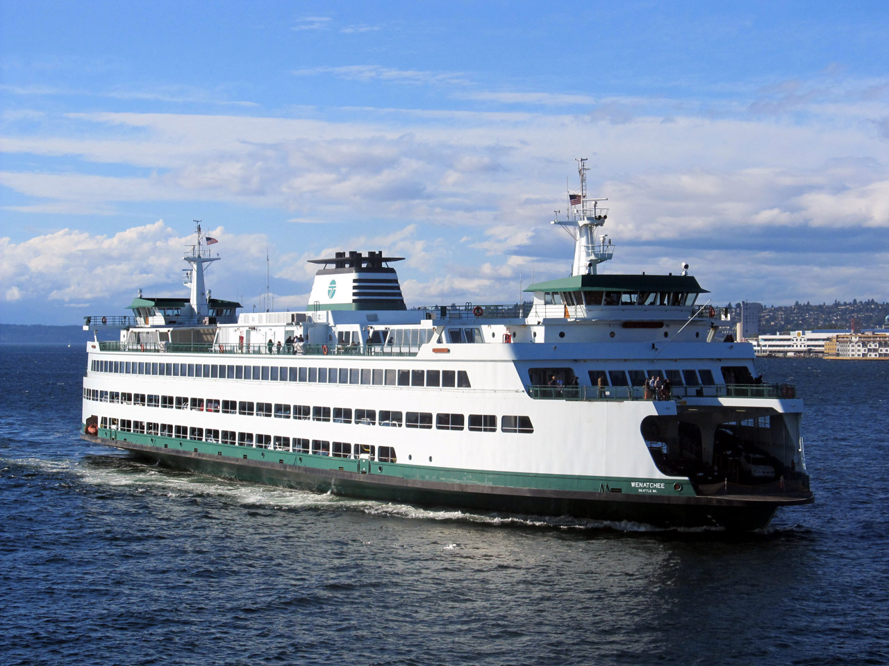 Passenger and vehicle ferry, Wenatchee, pulls into Seattle port