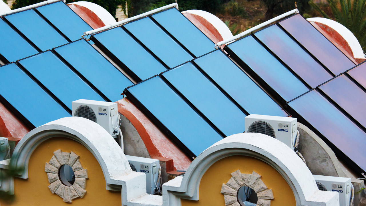 solar water heating collectors on the roof