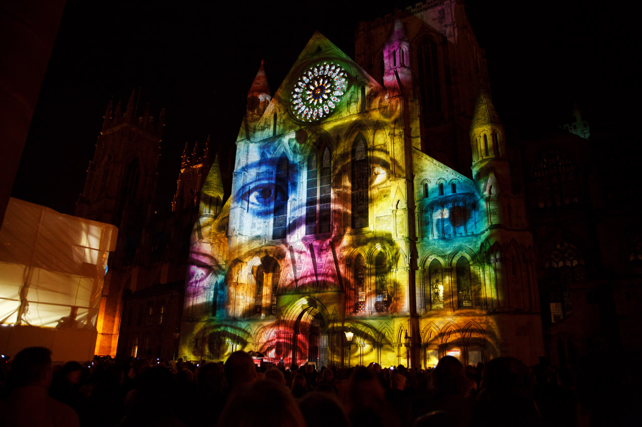 video mapping projection on York Minster in York. Not as advanced but really nice.