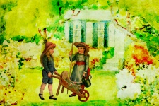 Children In Garden Vintage Painting