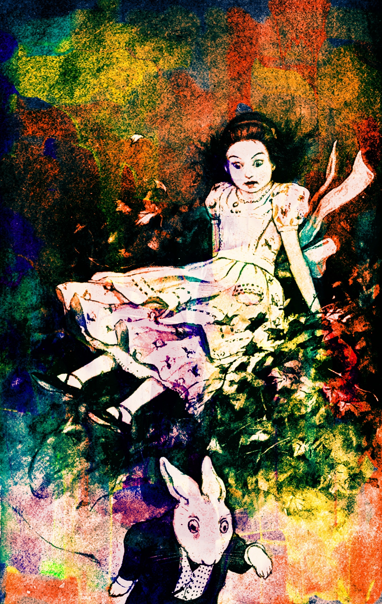 Vintage Alice in Wonderland book illustration with added watercolour ink effects.