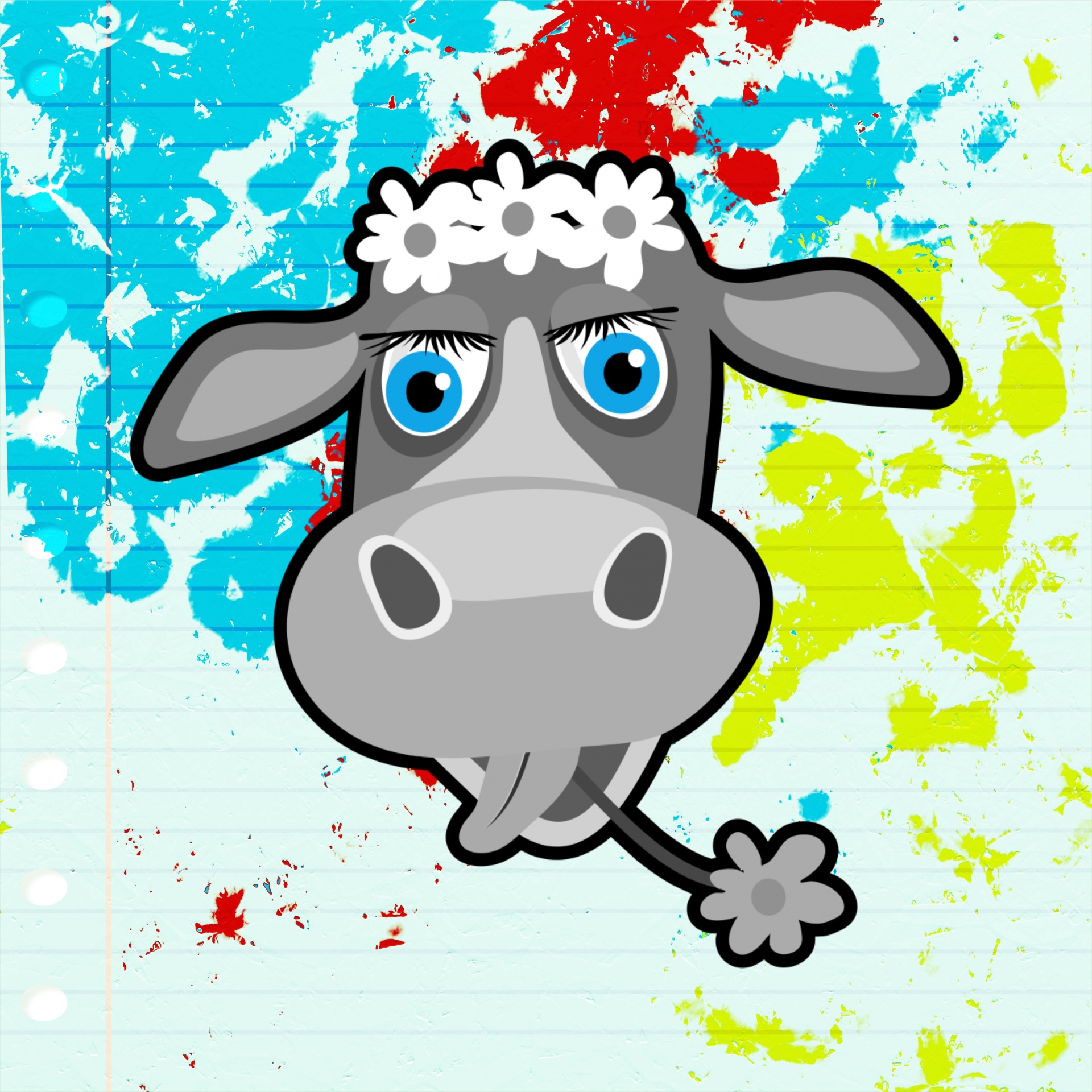Cartoon cow on paint splat paper.