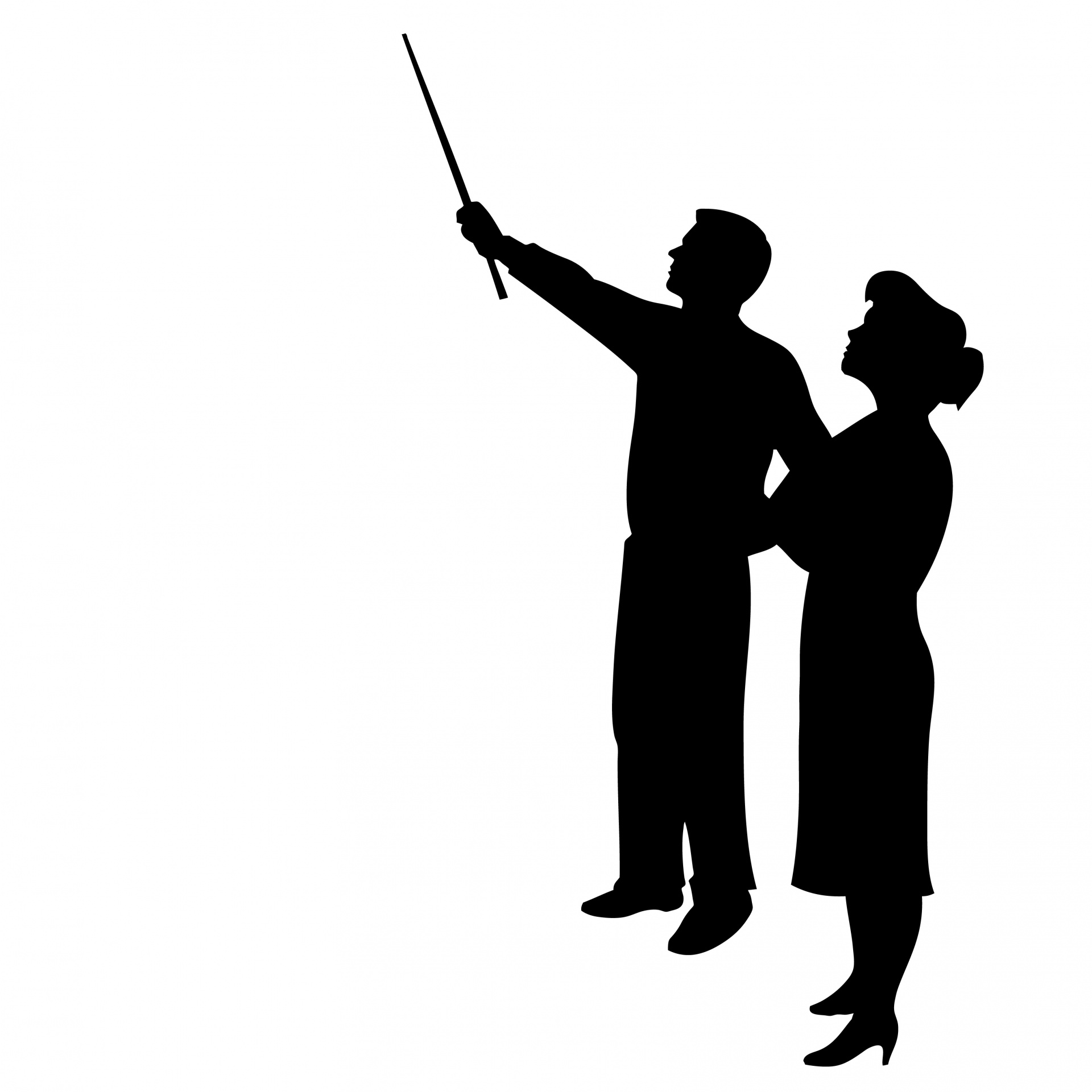 Man and woman looking and pointing black silhouette